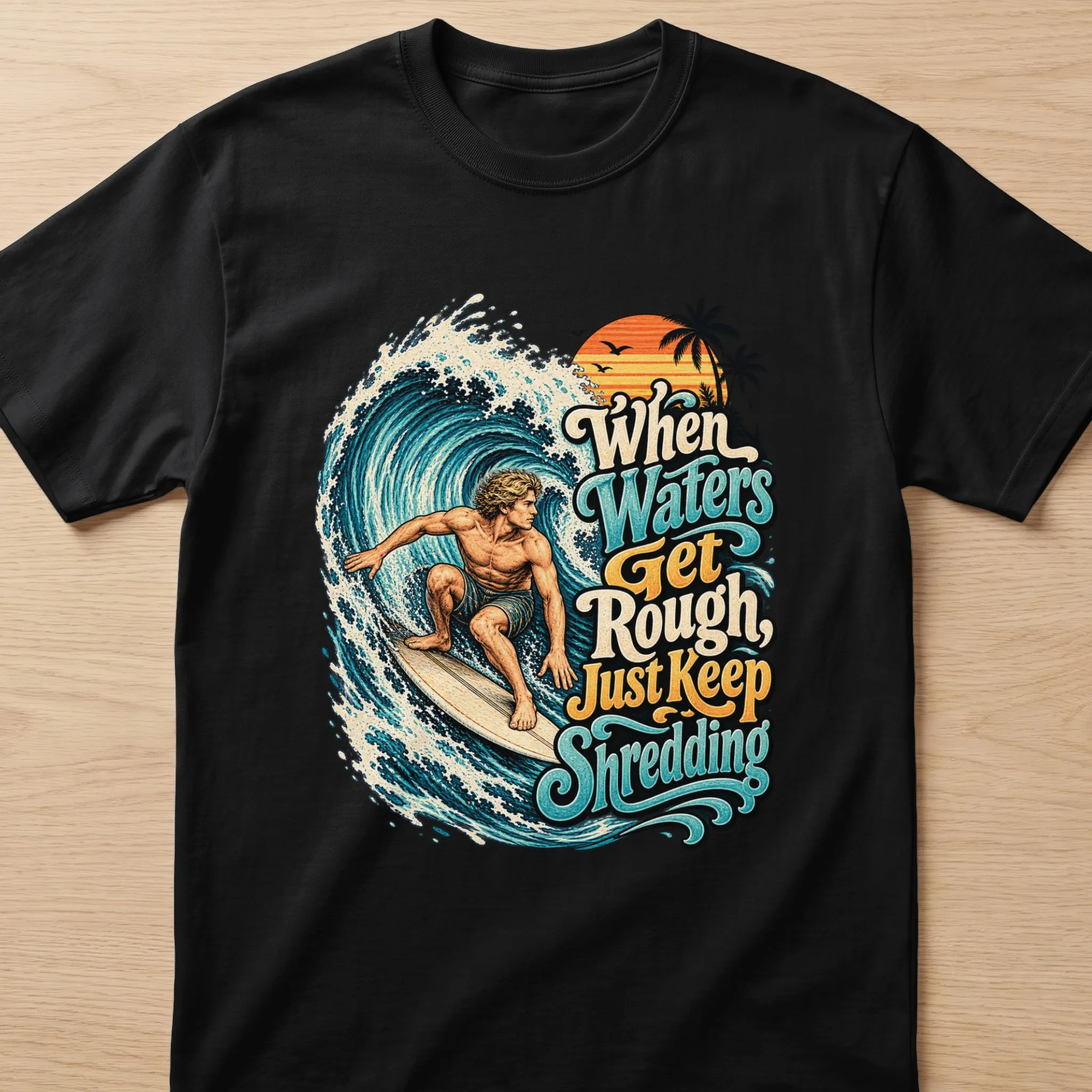 Surfer riding a wave with text "When Waters Get Rough, Just Keep Shredding."