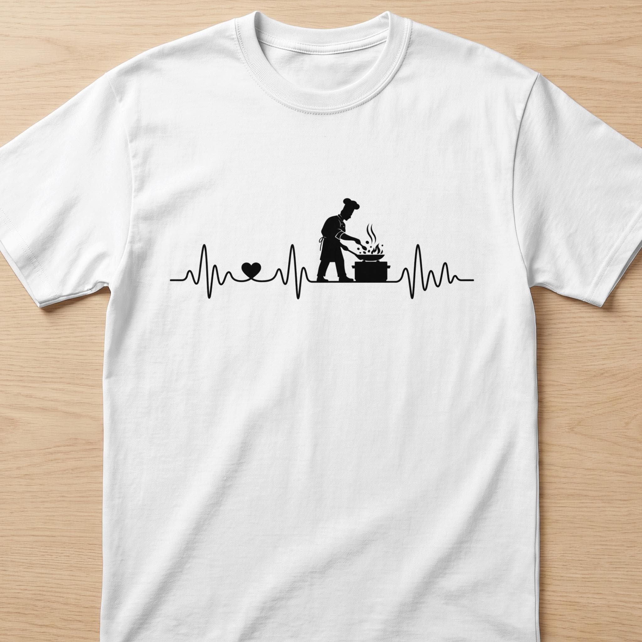 White t-shirt with black graphic of chef and heartbeat line.