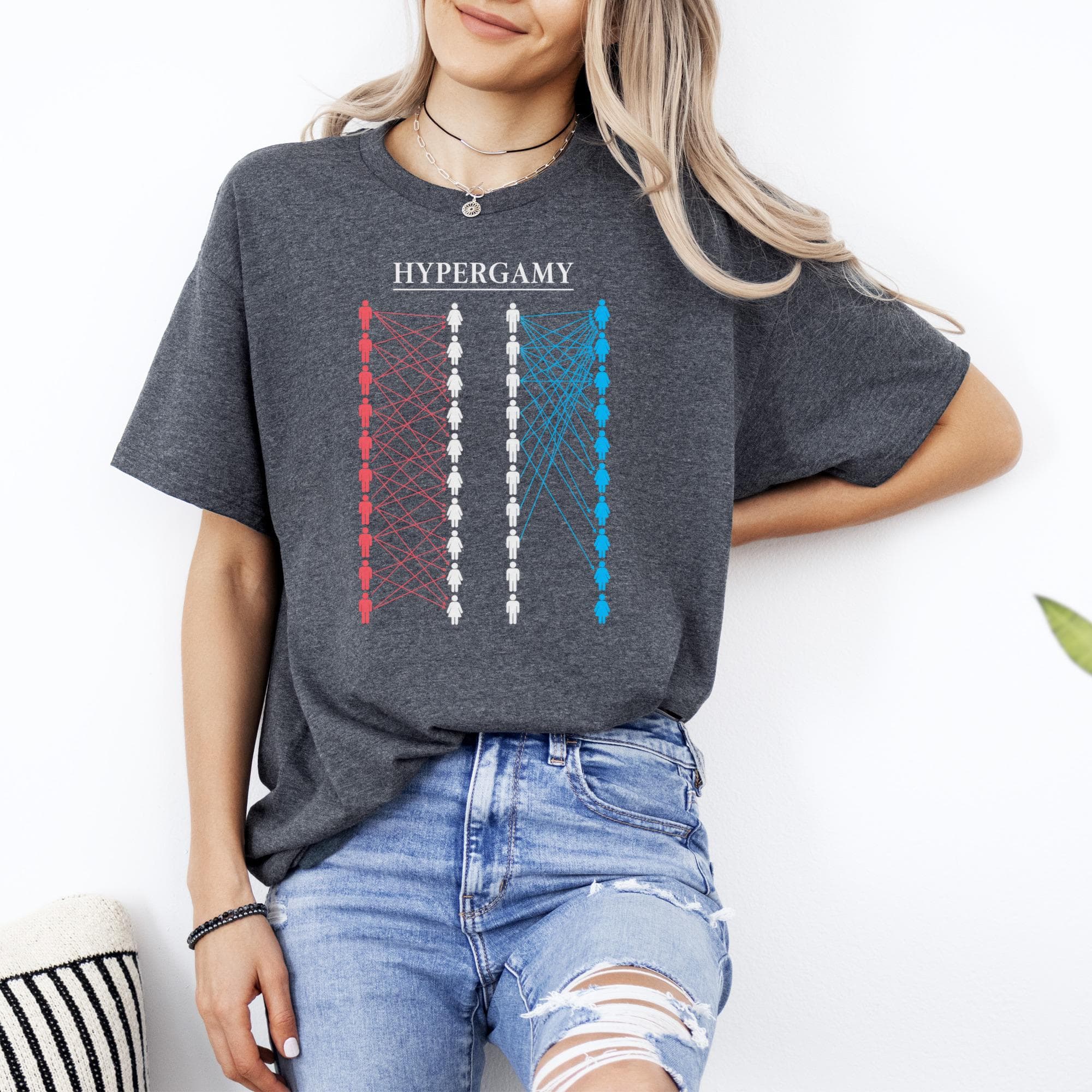 Gray t-shirt with "HYPERGAMY" text and diagram of connected figures.