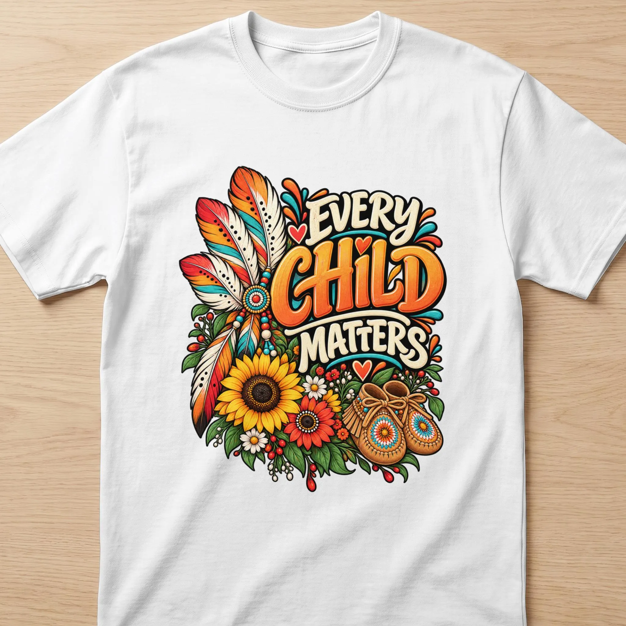 White t-shirt with "EVERY CHILD MATTERS" text and Indigenous-inspired art.