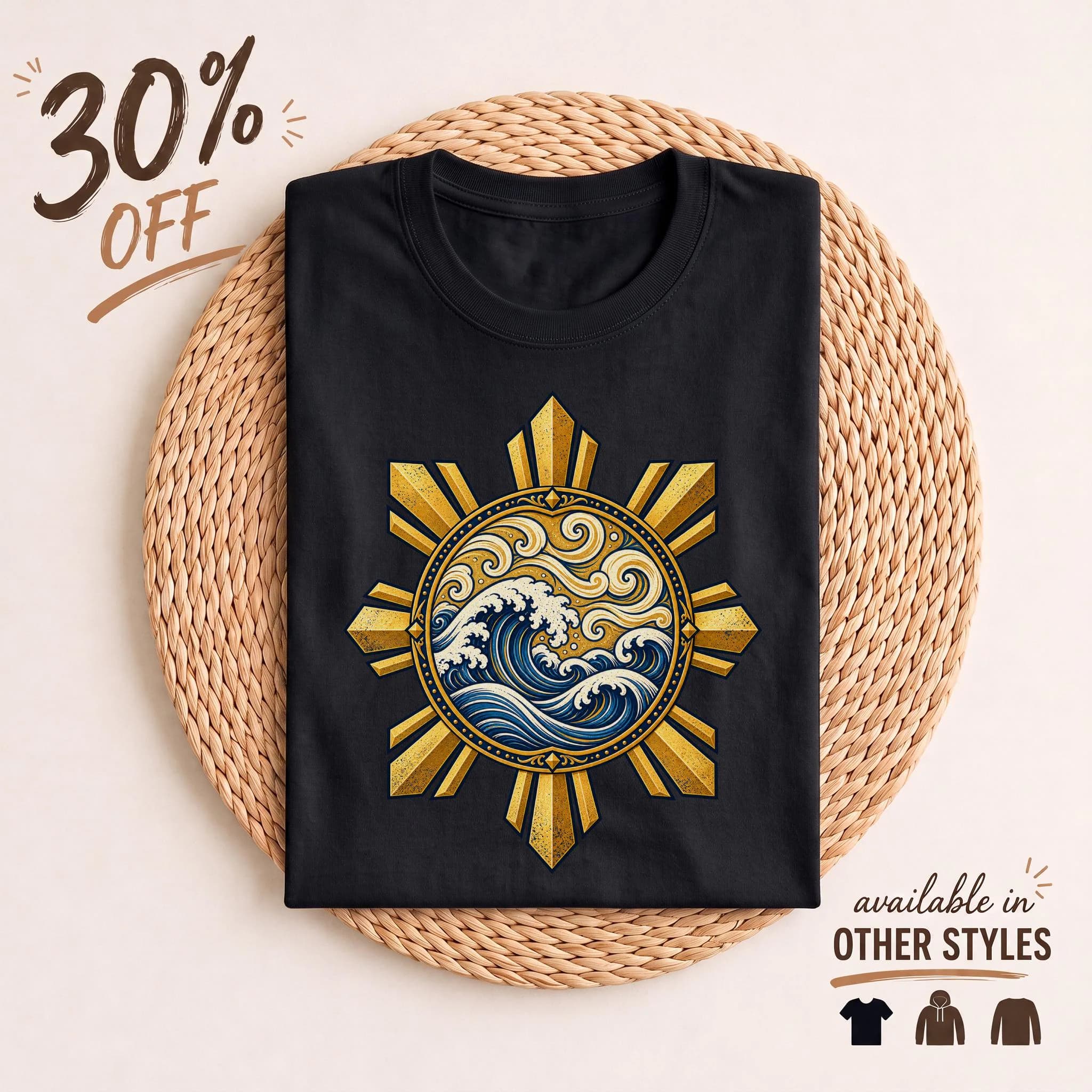Filipino Sun Wave T-Shirt, Pinoy Pride Sun Graphic Shirt, Asian Wave Art Tee, Ocean Waves Faux Gold Shirt, Philippine Heritage Gift