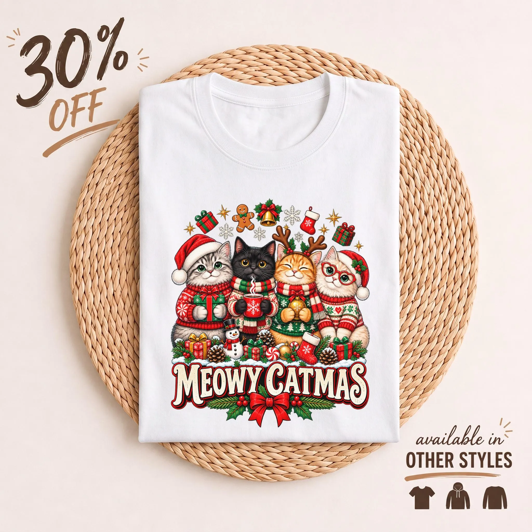 Meowy Catmas Christmas T-Shirt, Cute Cats in Sweaters Holiday Tee, Festive Cat Mom Gift, Funny Kitten Lover Graphic Top, Cozy Xmas Apparel