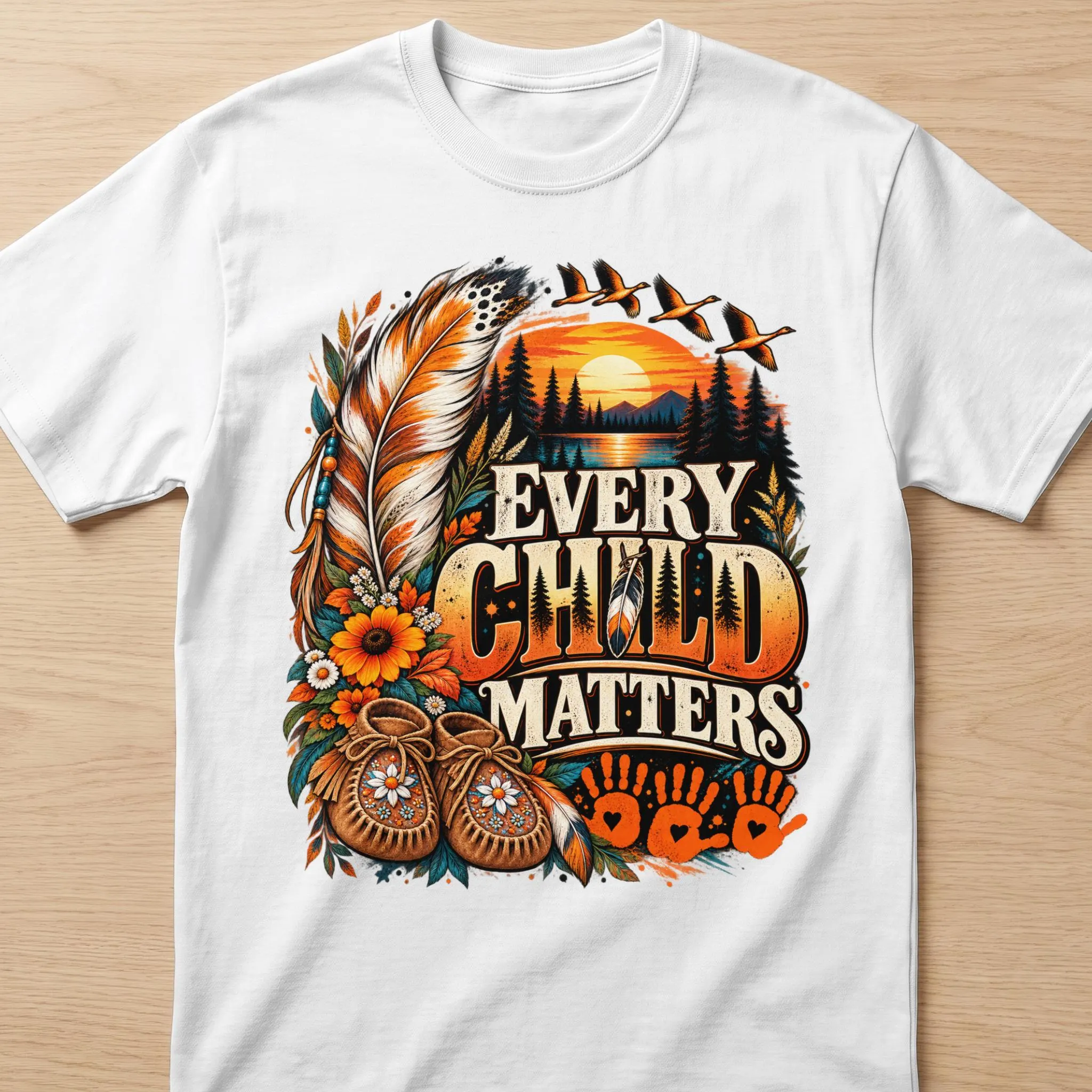 "Every Child Matters" text with Indigenous design elements on a white t-shirt.