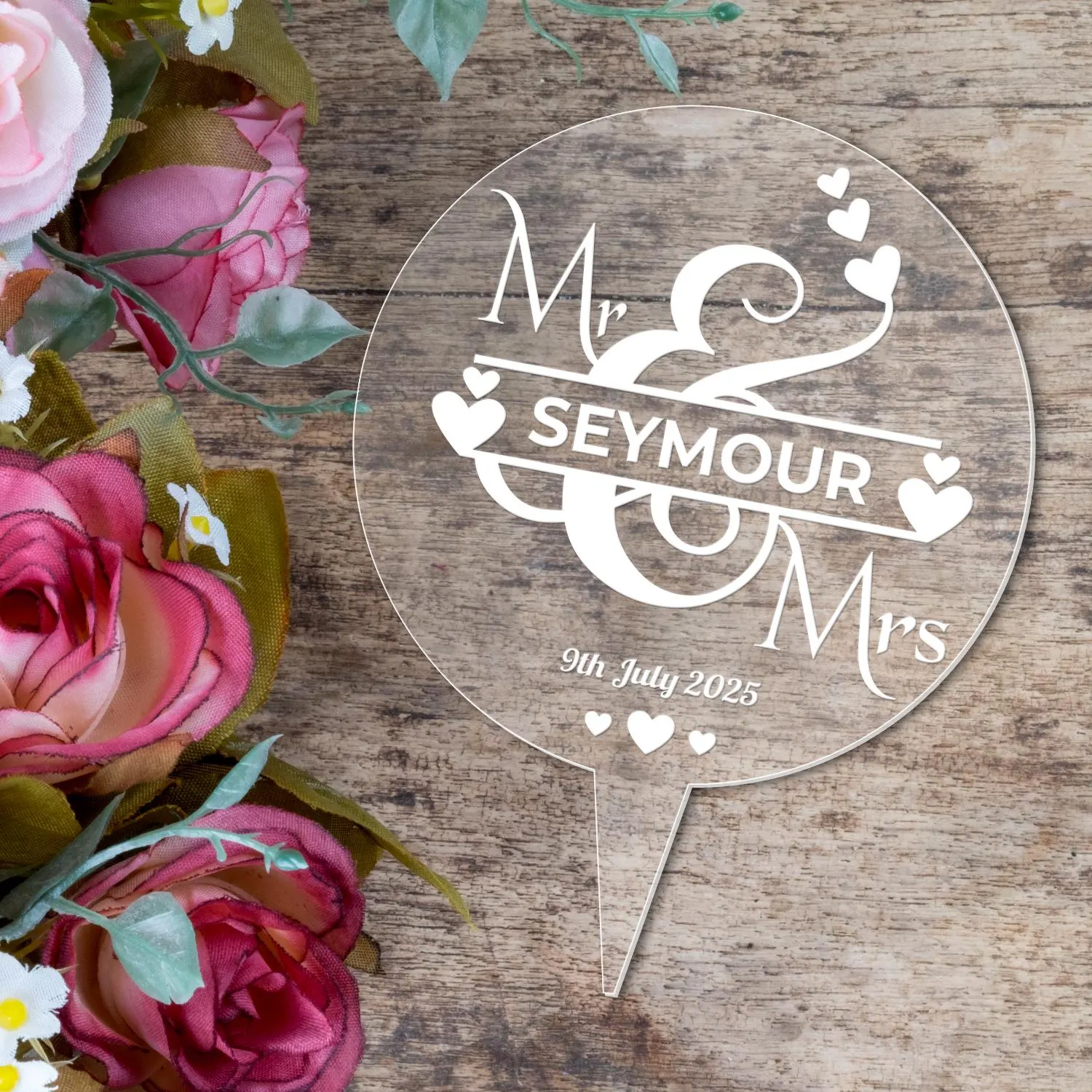 Personalised Wedding Cake Topper Engraved Acrylic Circle Mr & Mrs Decoration - image 3