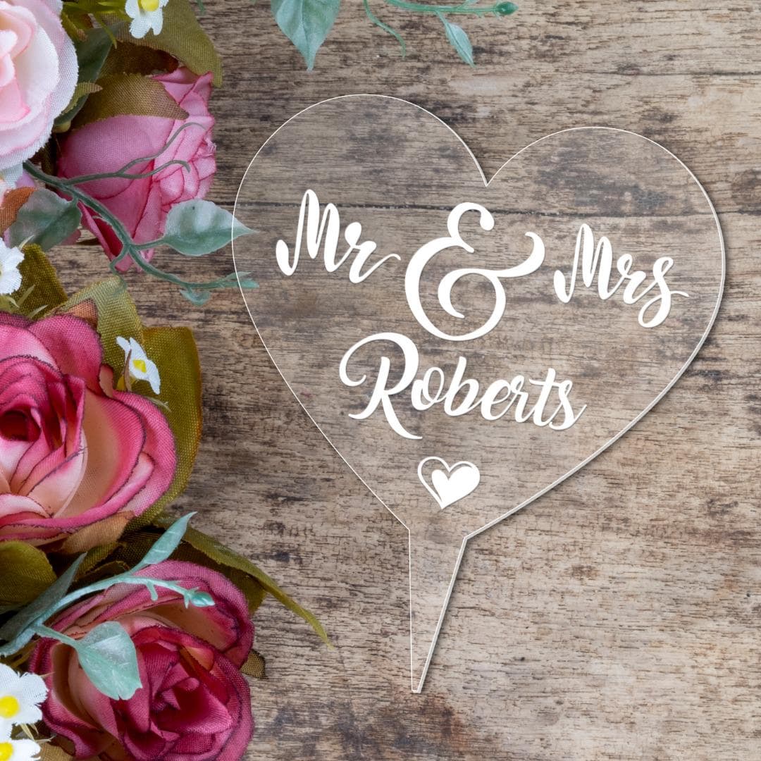 Personalised Name Wedding Cake Topper Mr & Mrs Engraved Acrylic Heart Decoration - image 3