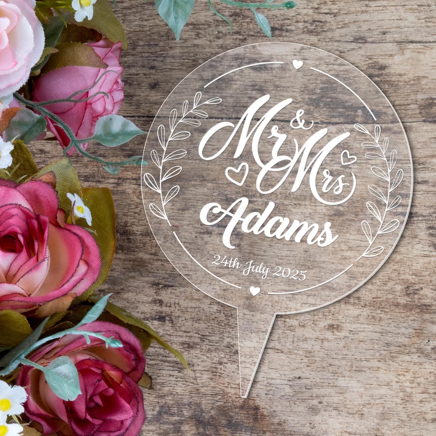 Personalised Name Circle Wedding Cake Topper Mr & Mrs Acrylic Decoration - image 3