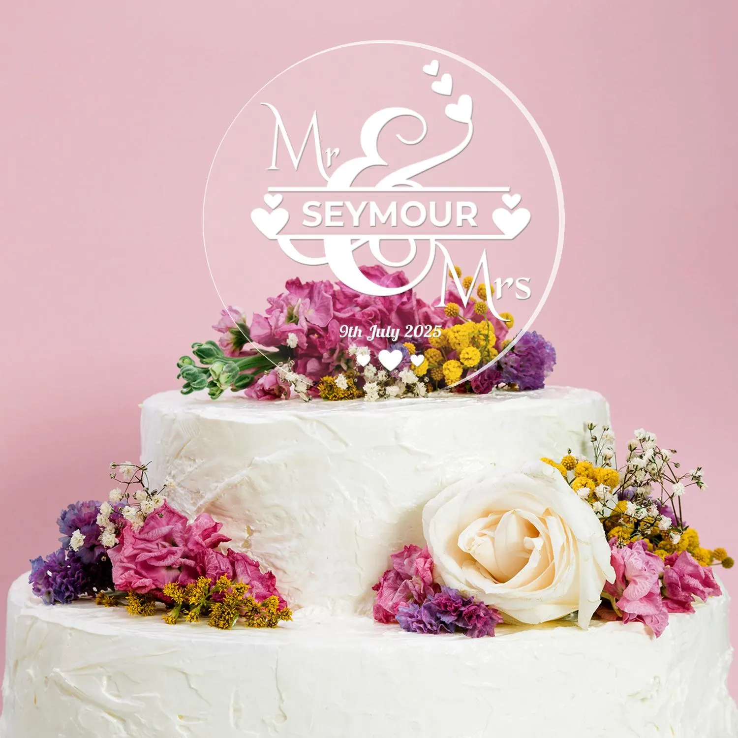 Personalised Wedding Cake Topper Engraved Acrylic Circle Mr & Mrs Decoration
