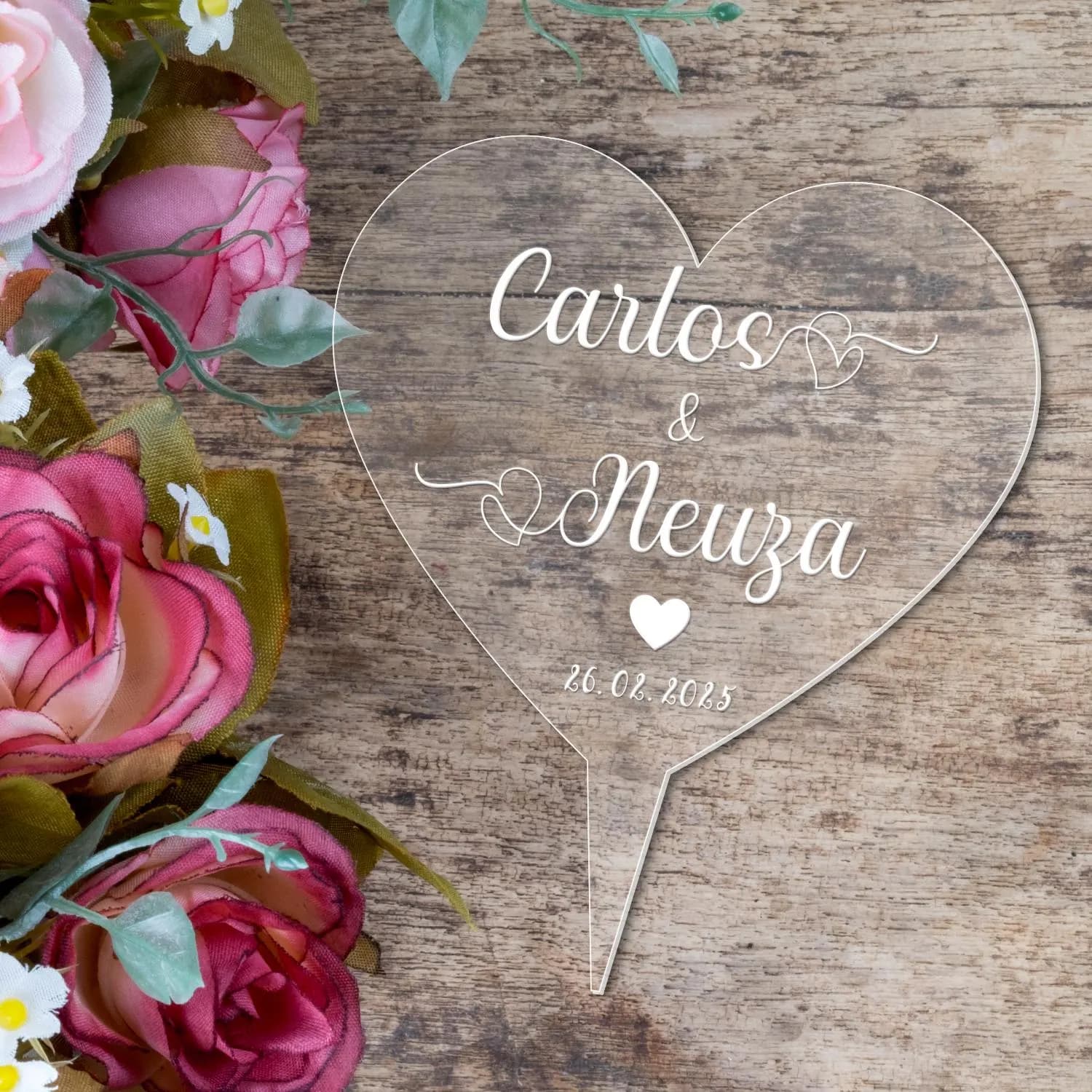 Personalised Name Wedding Cake Topper Engraved Acrylic Heart Decoration Keepsake - image 3