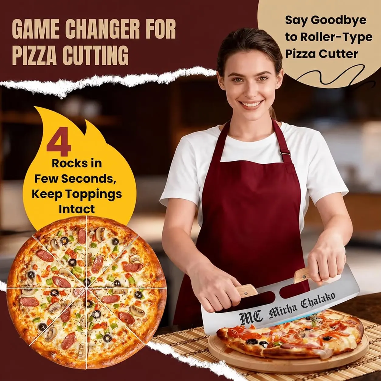 Personalized Pizza Rocker Knife: Custom Engraved Stainless Steel Blade, Double Wood Handles (13.8in) - image 3