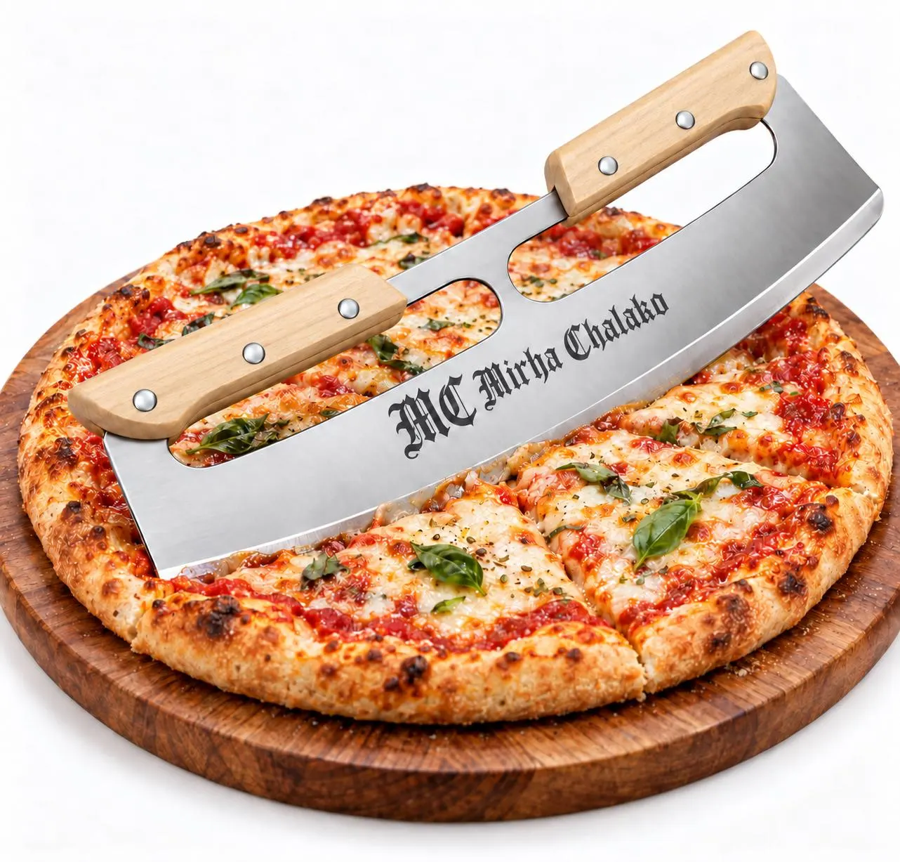 Personalized Pizza Rocker Knife: Custom Engraved Stainless Steel Blade, Double Wood Handles (13.8in)
