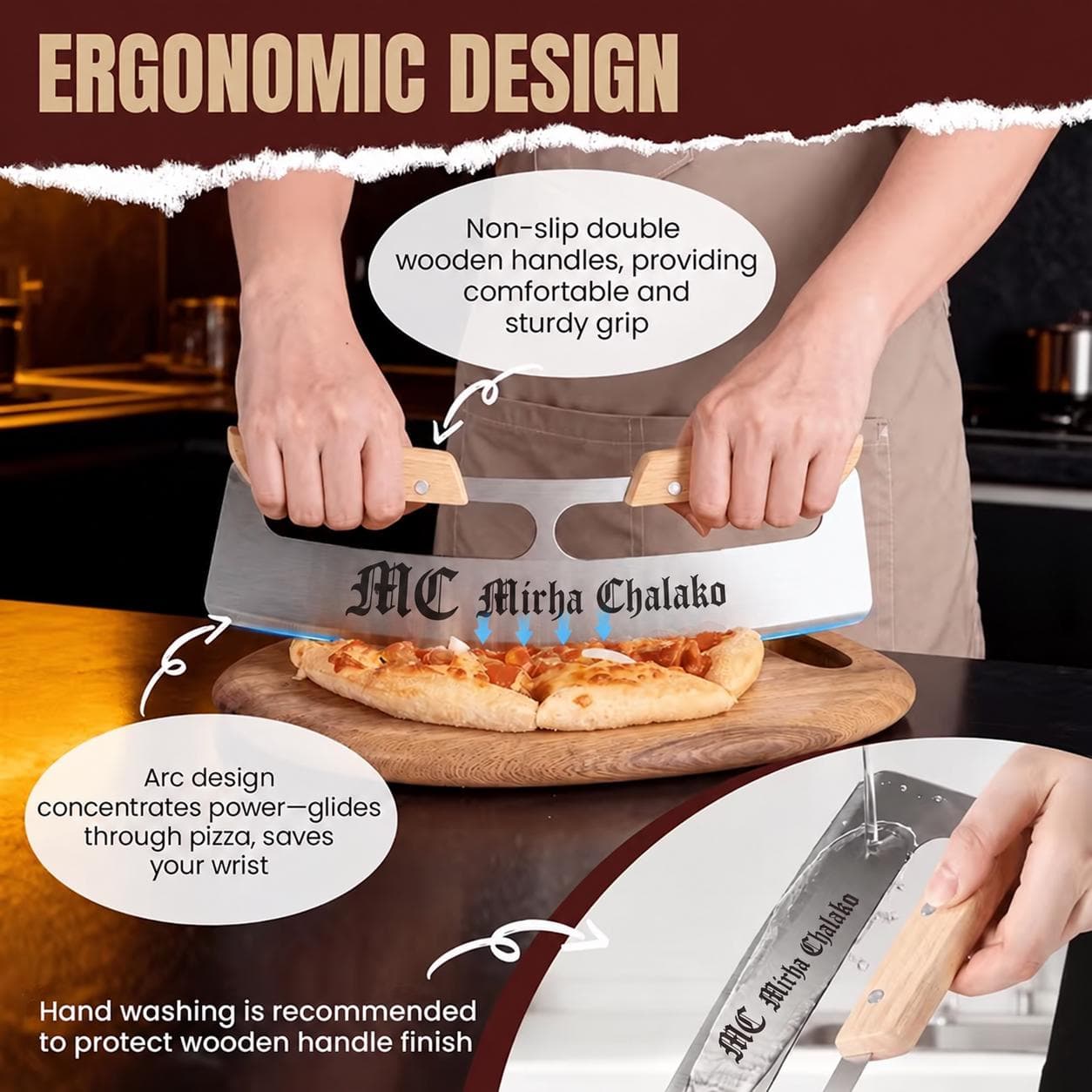 Personalized Pizza Rocker Knife: Custom Engraved Stainless Steel Blade, Double Wood Handles (13.8in) - image 5