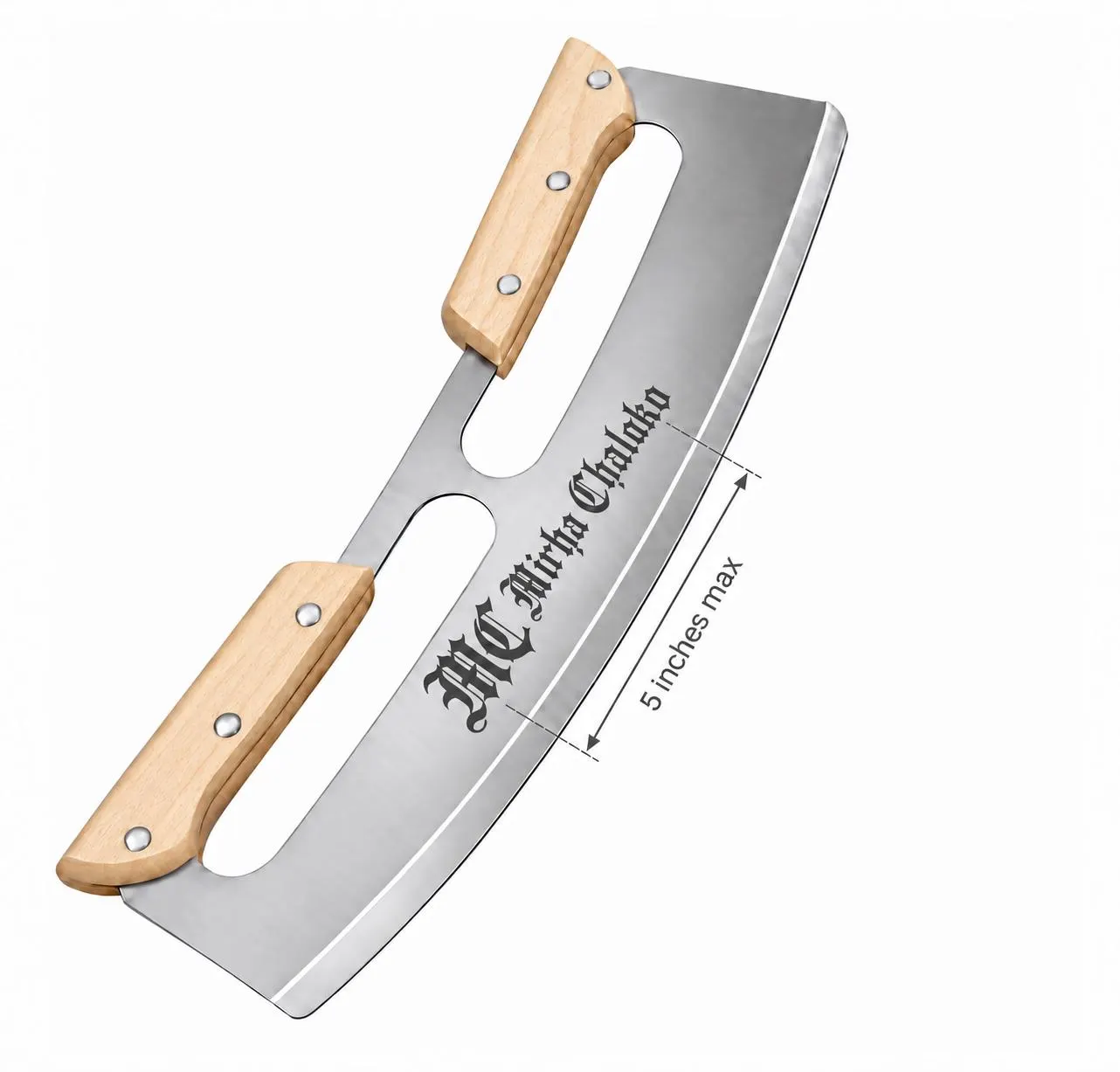 Personalized Pizza Rocker Knife: Custom Engraved Stainless Steel Blade, Double Wood Handles (13.8in) - image 4