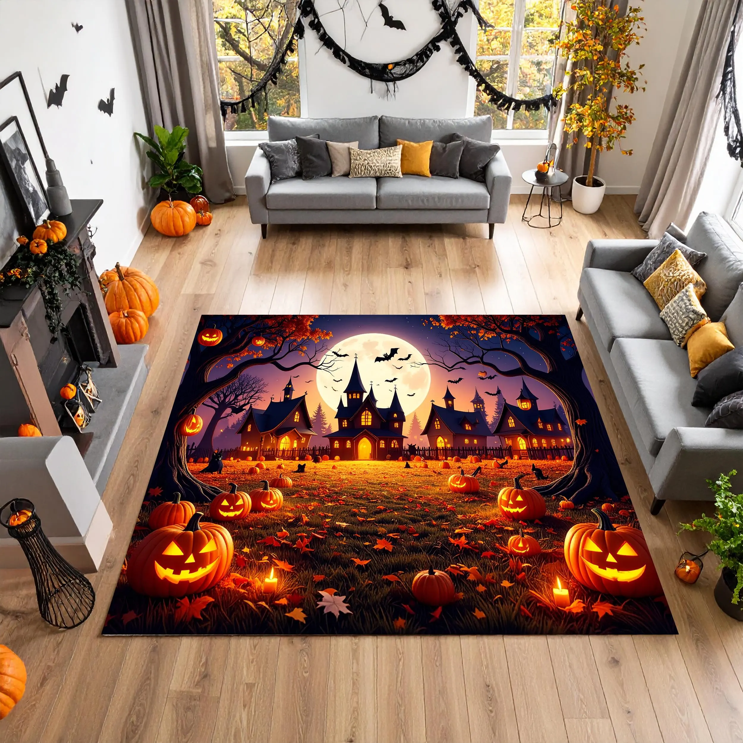 Spooky Halloween Area Rug: Haunted House, Pumpkin Decor - image 4