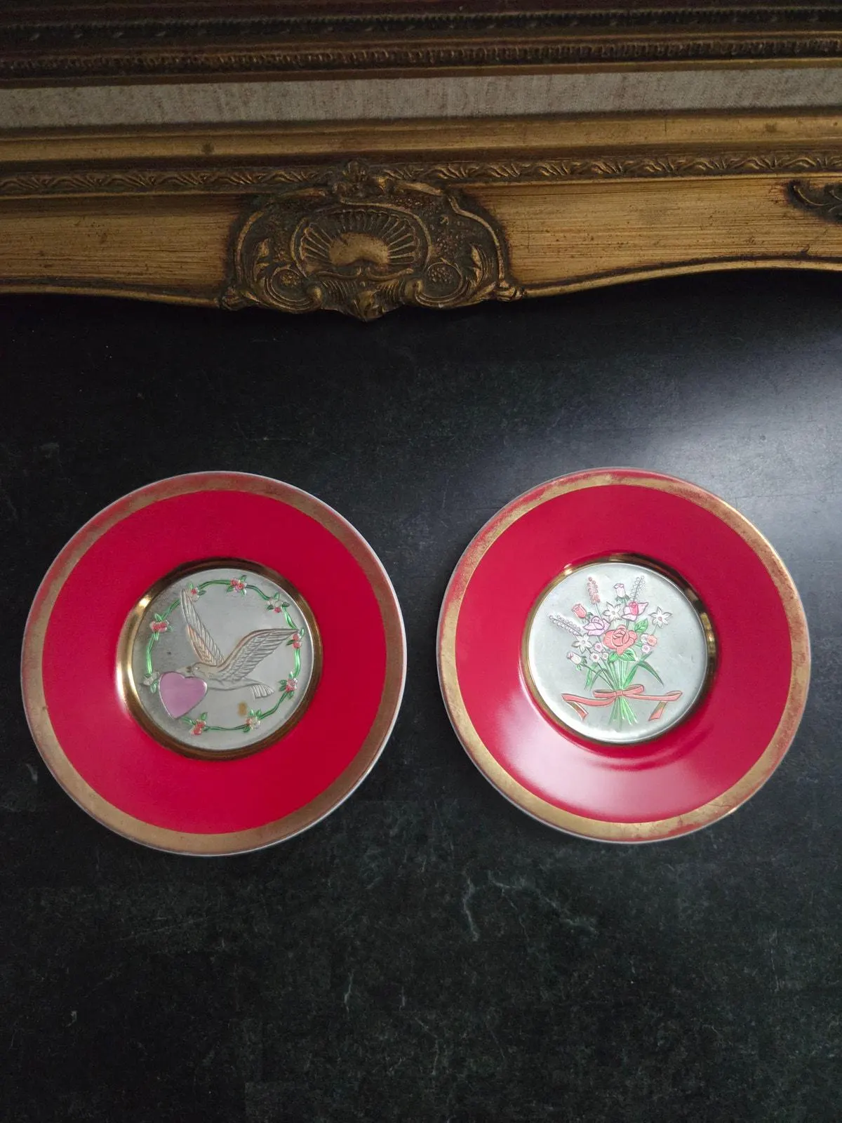 Pair Valentine Art of Chokin Red Plates 6" Dove & Floral Jamestown China
