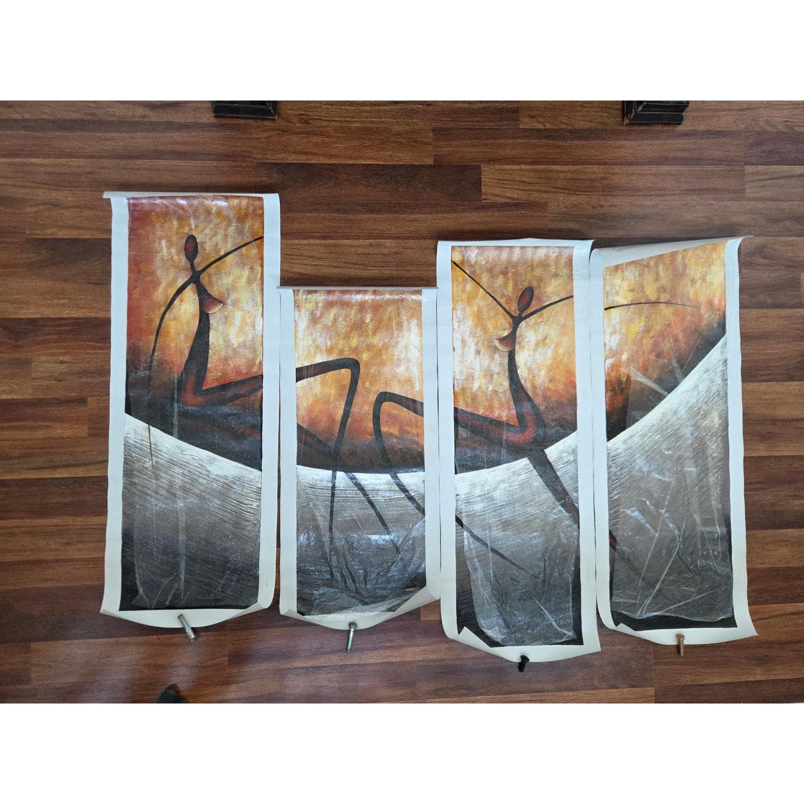 African Art Canvas Tetratych Hand Painted Tribal Dance Contemporary Wall Art Set