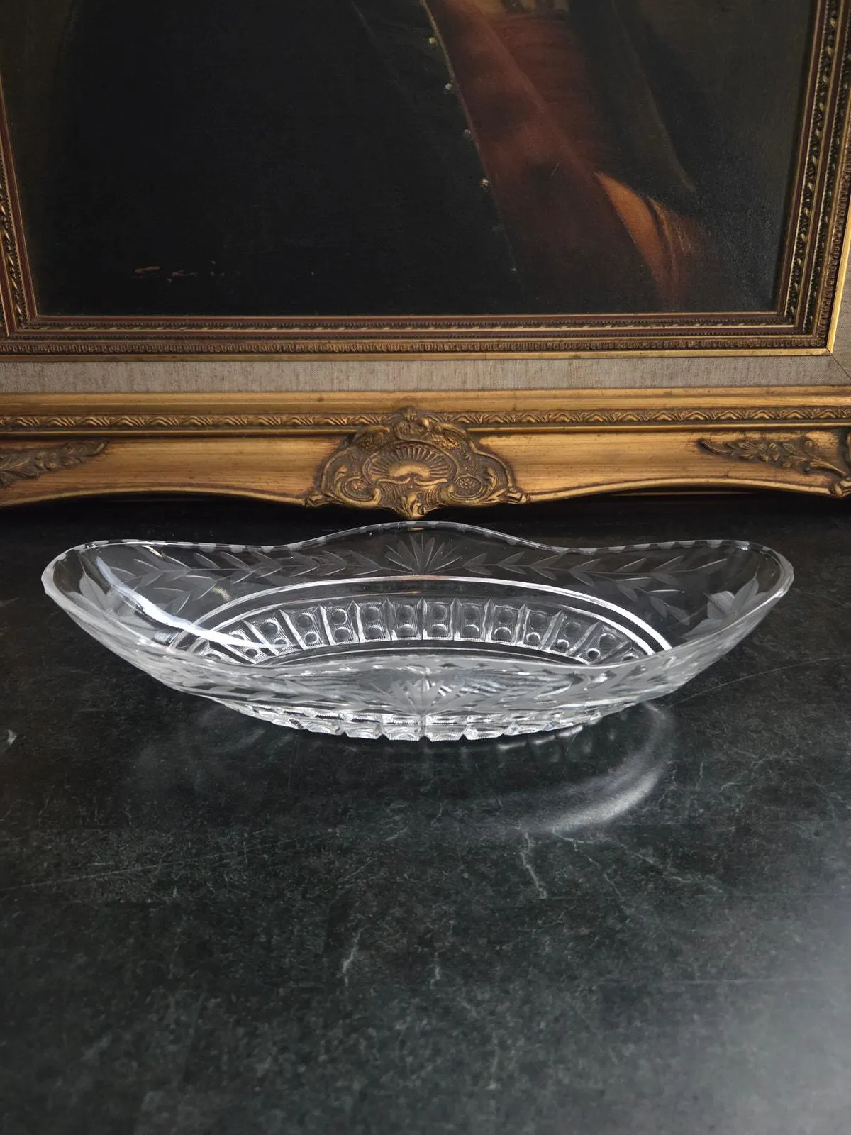 Antique Bohemian Art Deco Wheel-Cut Crystal Bowl – Oval, UV Reactive, 10.25" - image 3
