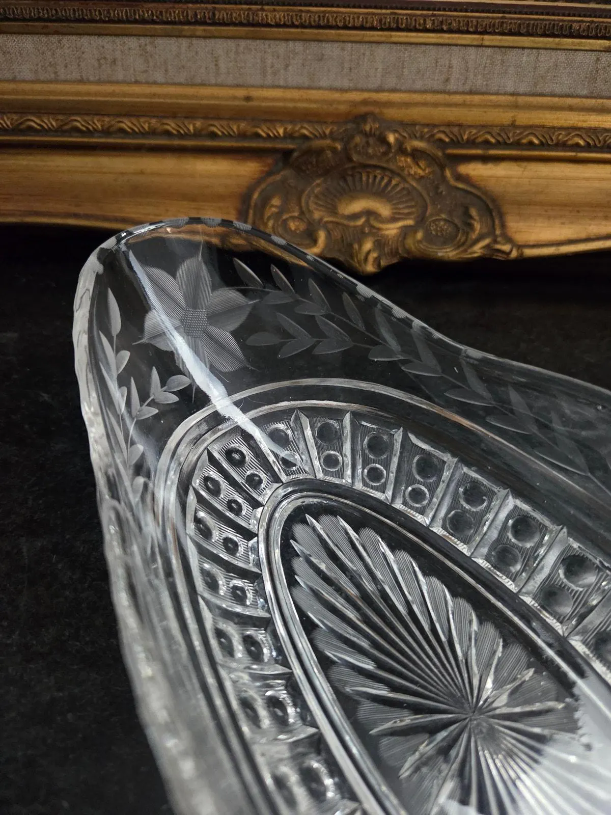 Antique Bohemian Art Deco Wheel-Cut Crystal Bowl – Oval, UV Reactive, 10.25" - image 5