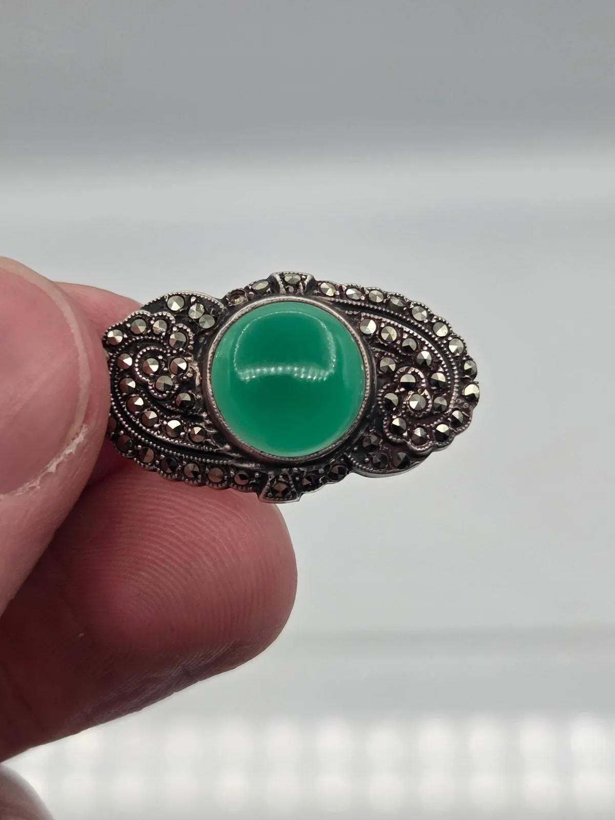 Antique Sterling Silver Marcasite Green Agate Pendant Art Deco 1.25" - image 4