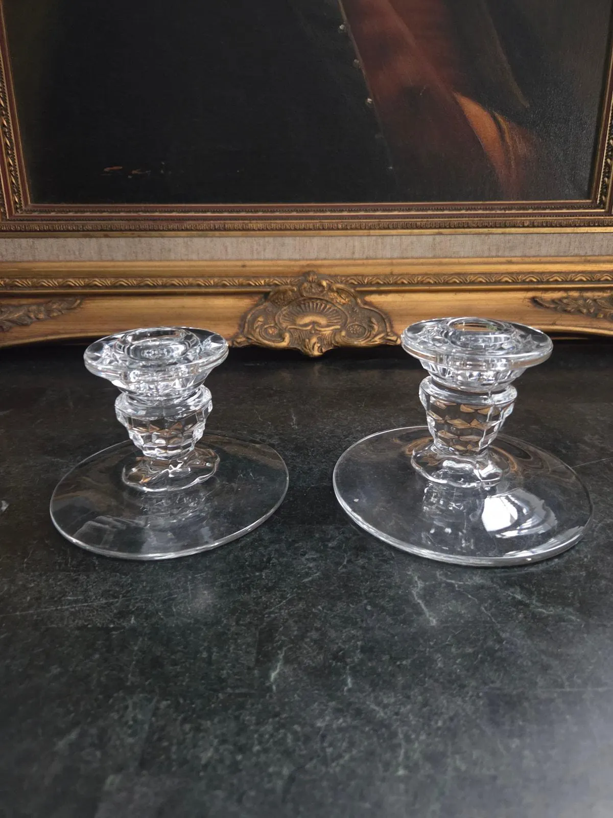 Antique EAPG Glass Candlesticks Pair – Victorian Cube Block, UV Reactive 3" - image 3