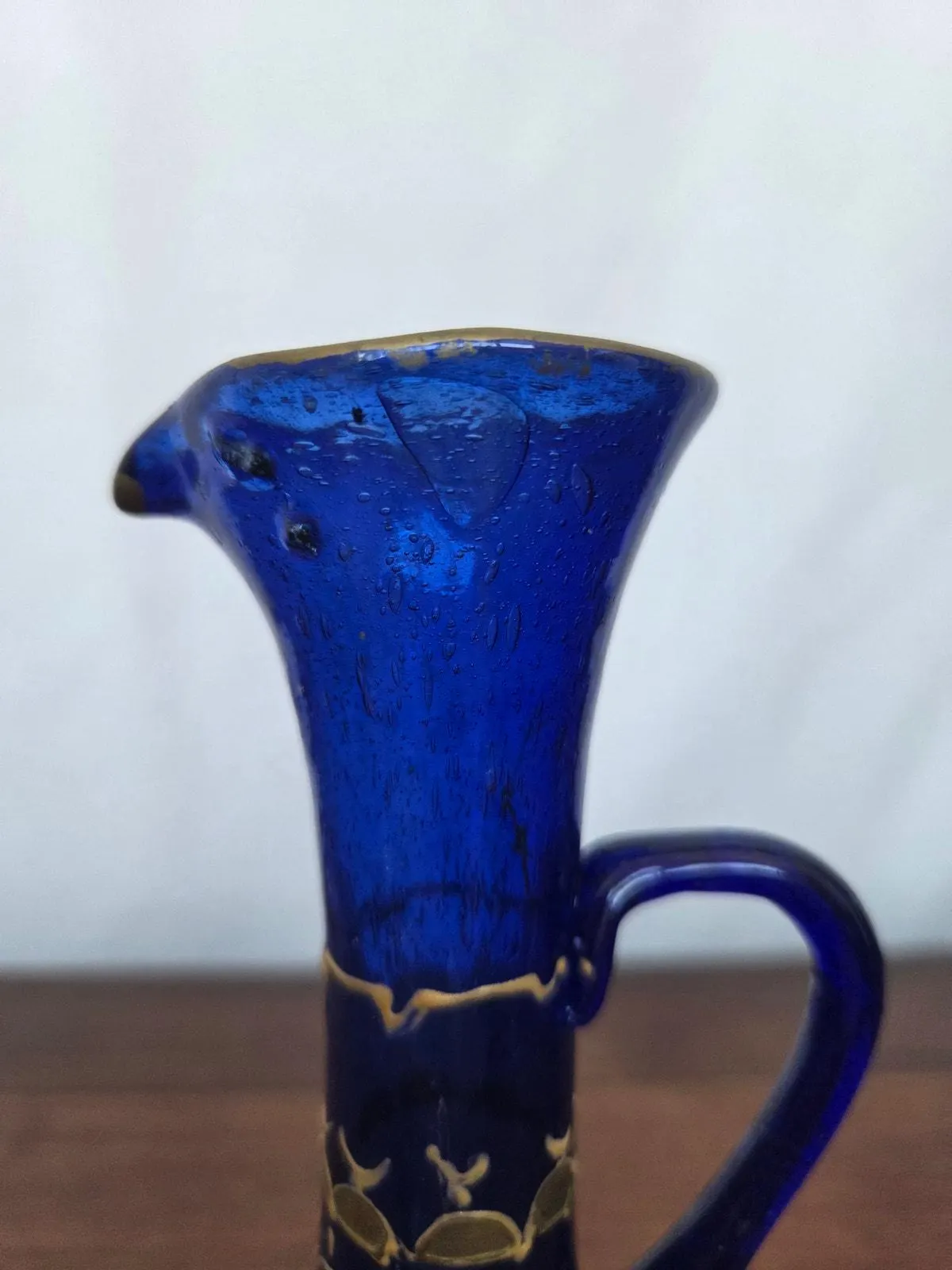 Vintage Hand Blown Cobalt Glass Enamel Ewer Vase Moorish Revival 7" - image 3