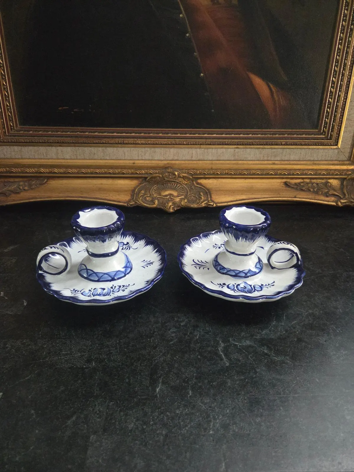 Pair Alcobaca Portugal Blue White Chamberstick Candle Holders Delft Style
