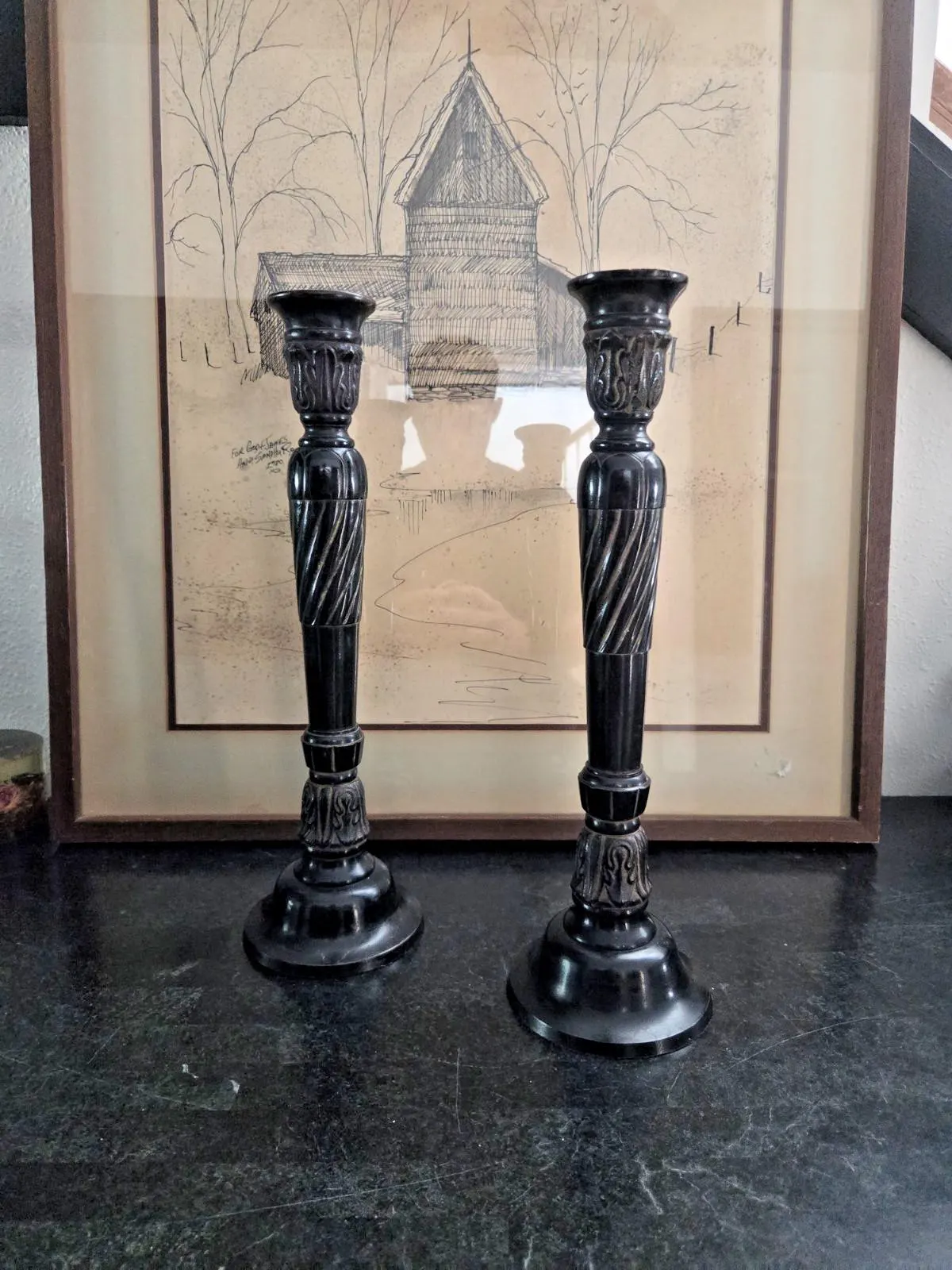 Vintage Gothic Revival Iron Candlesticks: 14.5" Tall Black Metal Pair