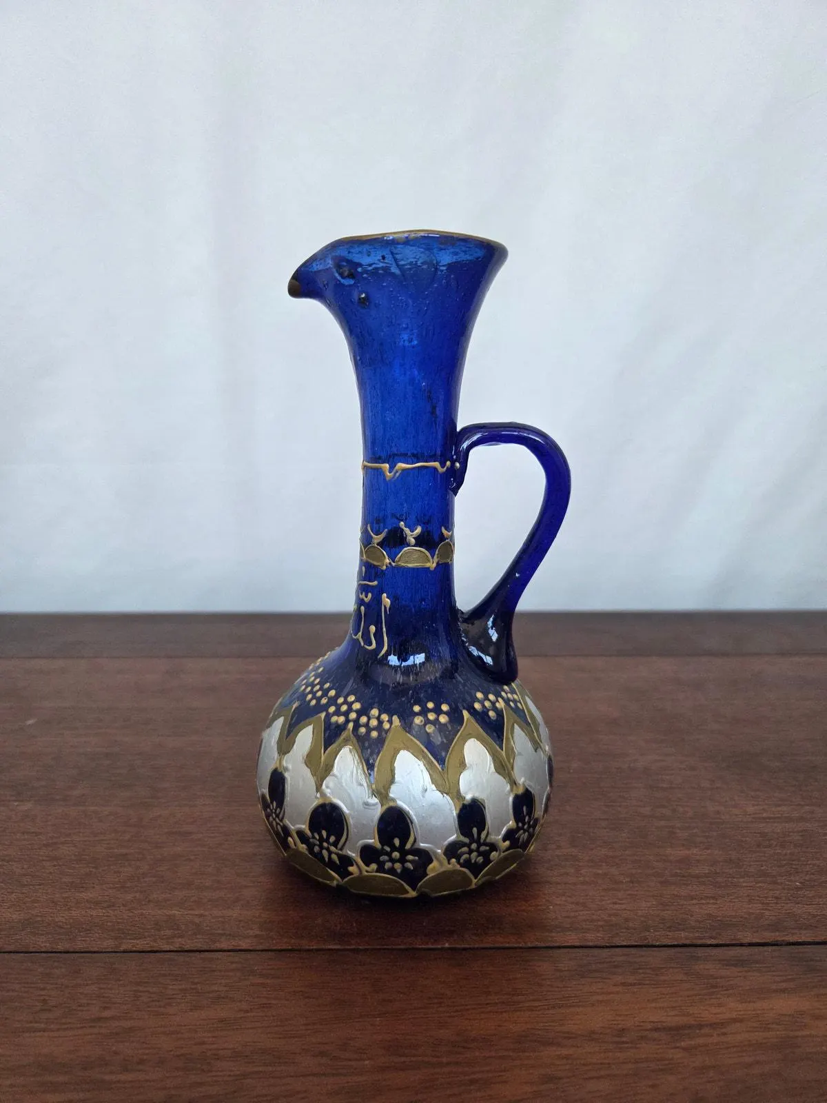 Vintage Hand Blown Cobalt Glass Enamel Ewer Vase Moorish Revival 7"