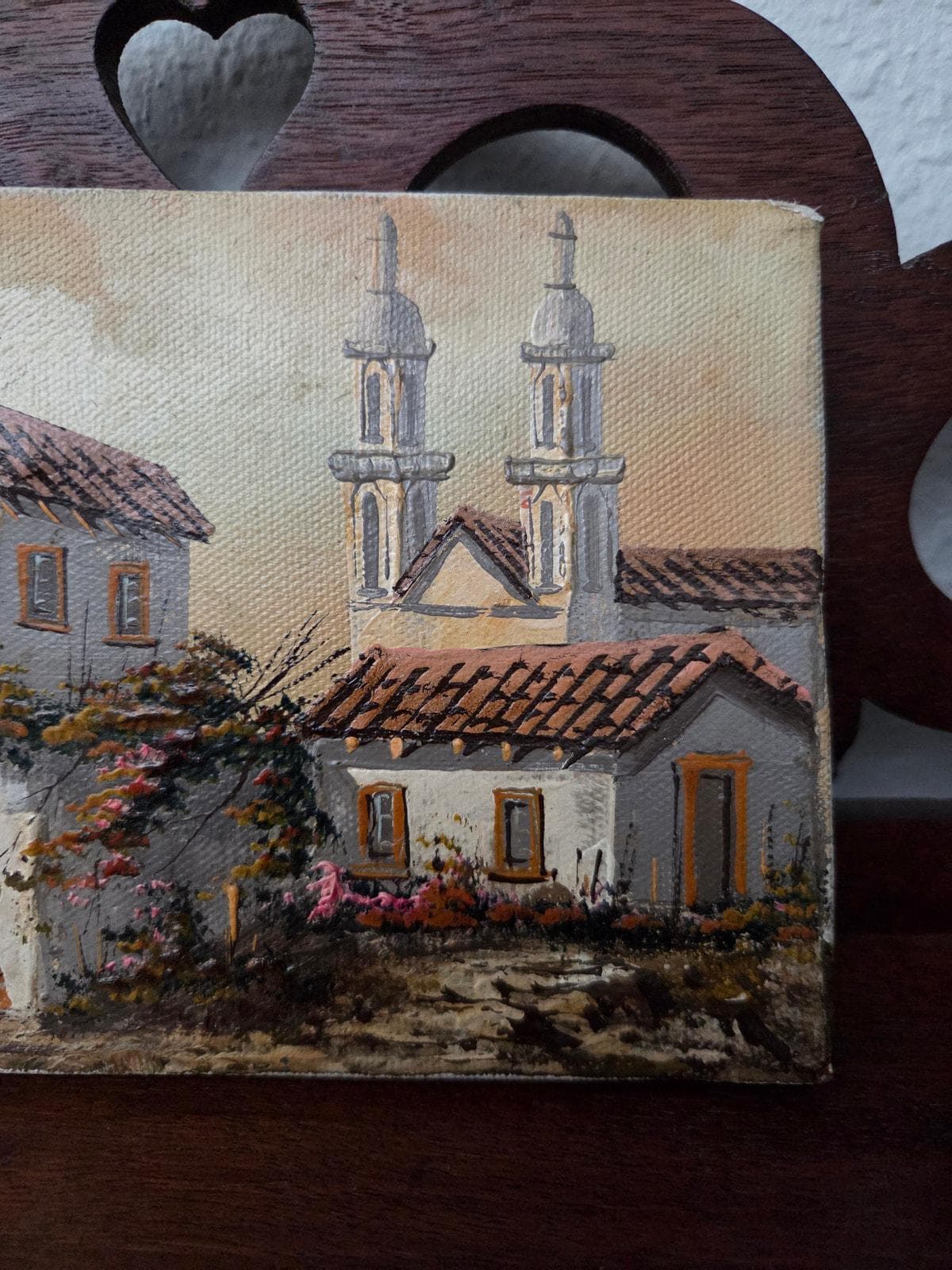 Vintage Mediterranean Village Oil Painting 7x5 Spanish Mission Church Scene - image 4