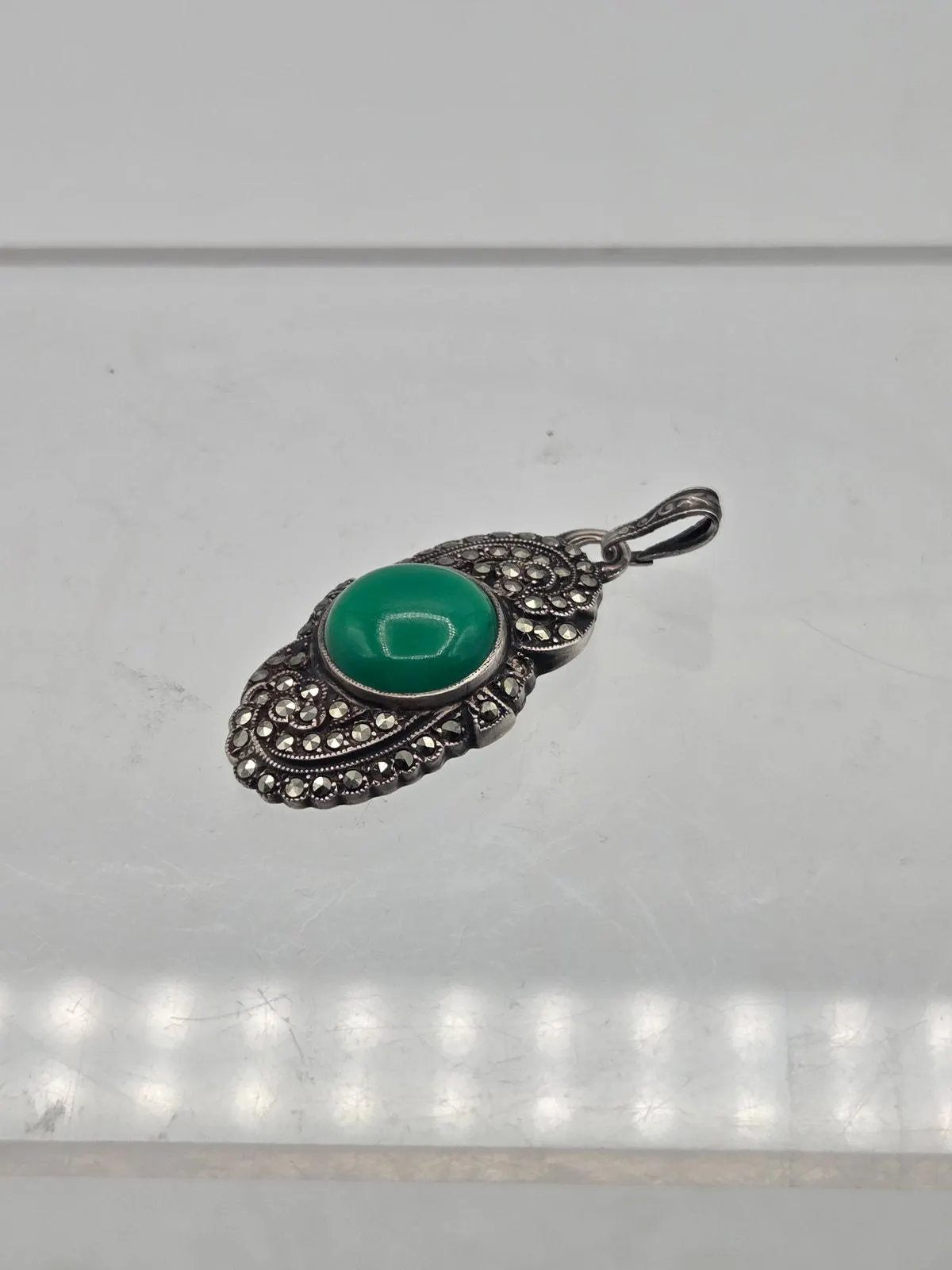 Antique Sterling Silver Marcasite Green Agate Pendant Art Deco 1.25"