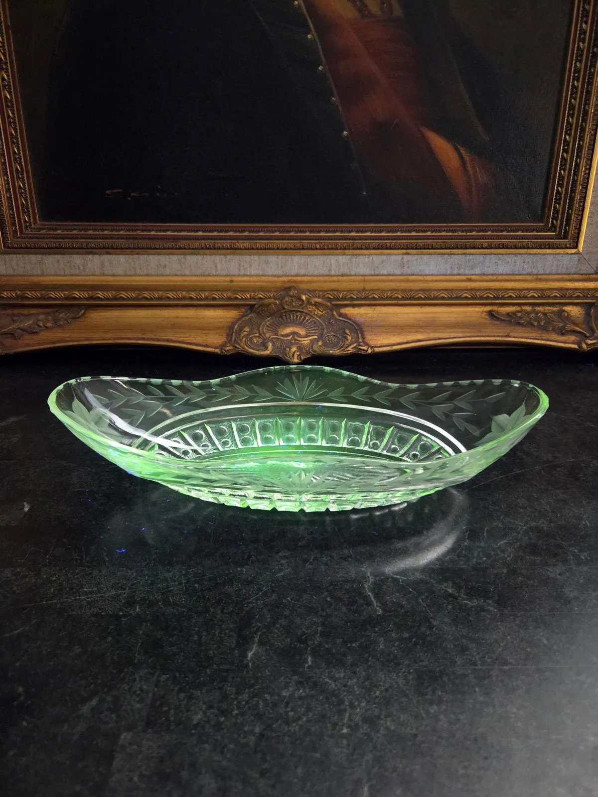 Antique Bohemian Art Deco Wheel-Cut Crystal Bowl – Oval, UV Reactive, 10.25"
