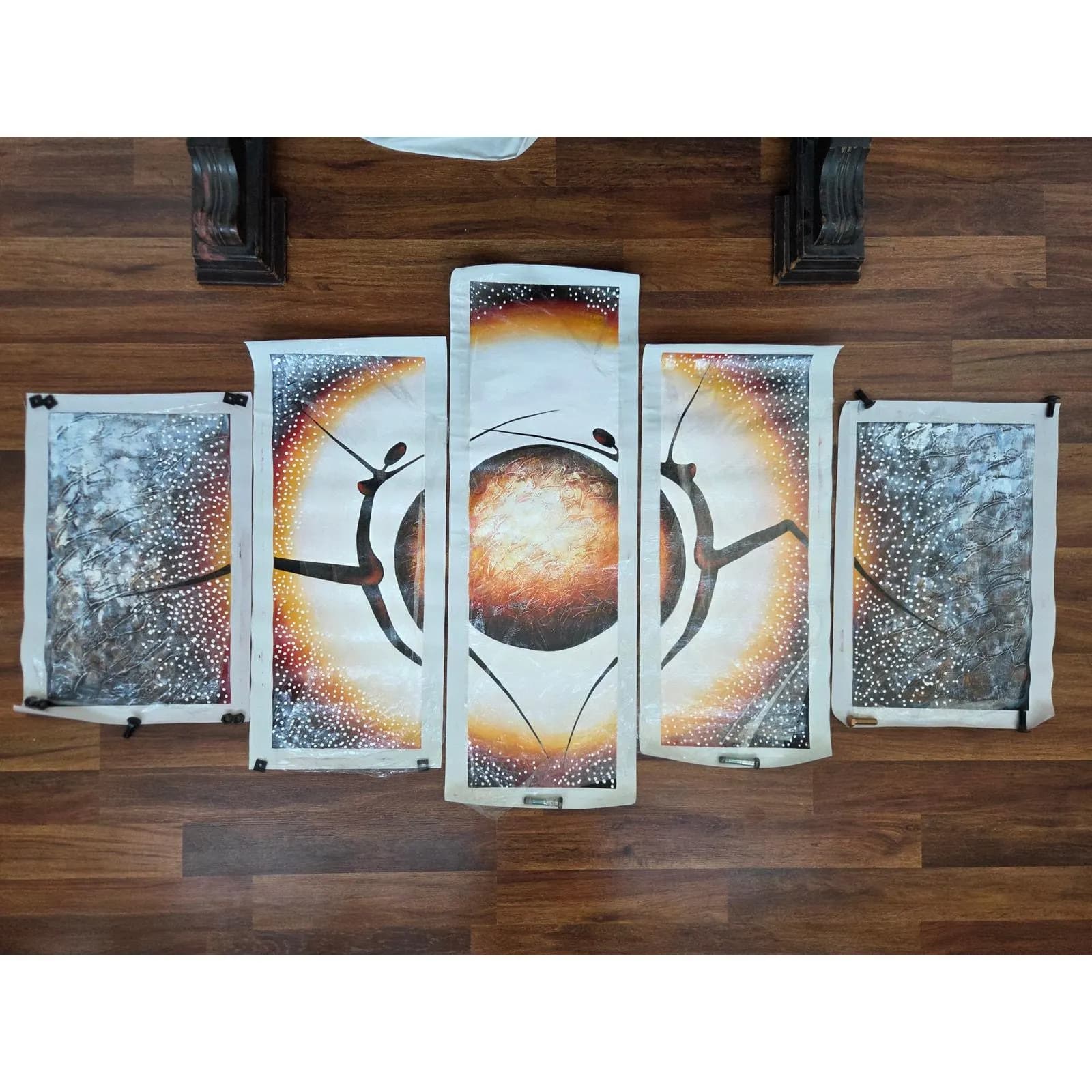 African Art Canvas Pentaptych Hand Painted Sun Dancer Contemporary Wall Art Set