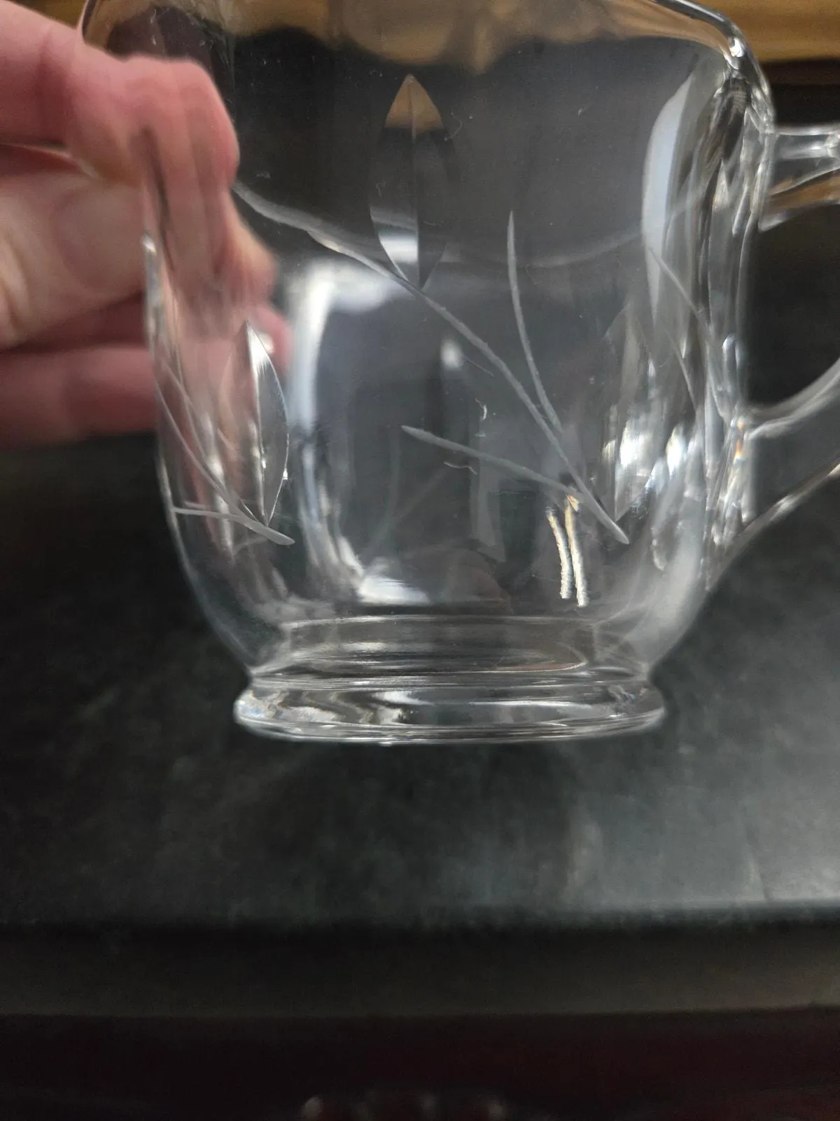 Vintage UV Reactive Pressed Glass Creamer Etched Leaf Scalloped Rim 3.5" - image 5