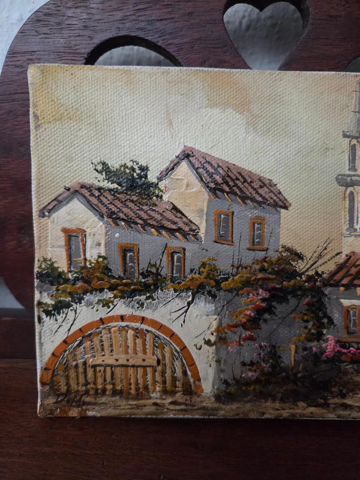 Vintage Mediterranean Village Oil Painting 7x5 Spanish Mission Church Scene - image 3