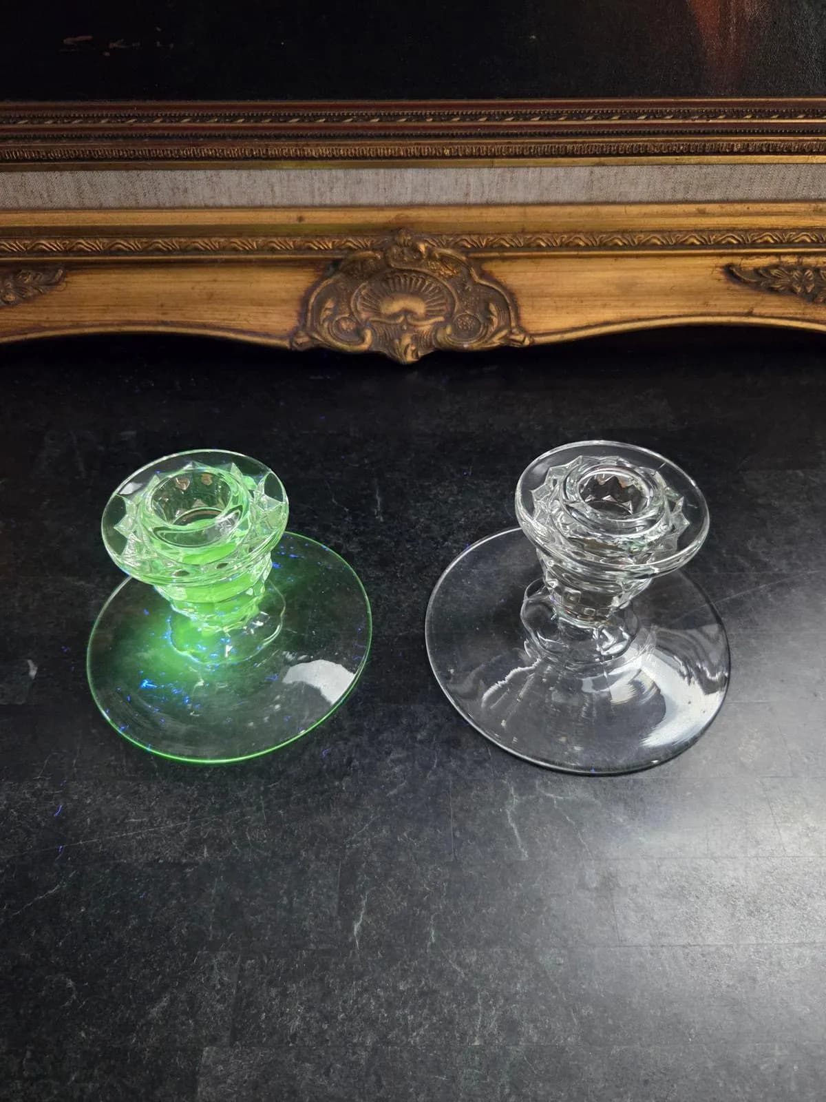 Antique EAPG Glass Candlesticks Pair – Victorian Cube Block, UV Reactive 3"