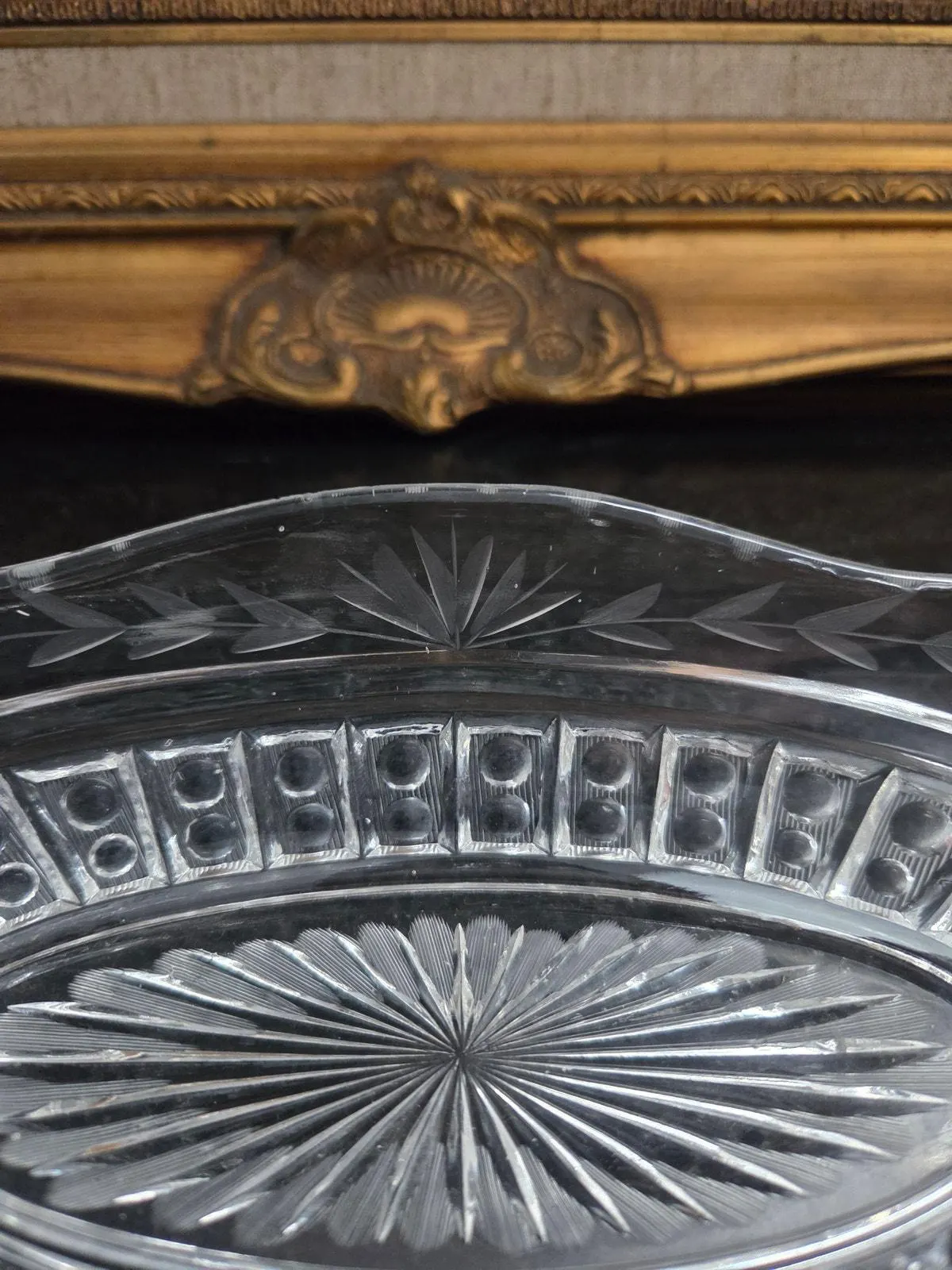Antique Bohemian Art Deco Wheel-Cut Crystal Bowl – Oval, UV Reactive, 10.25" - image 4