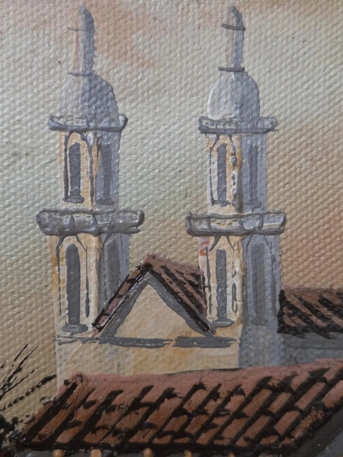Vintage Mediterranean Village Oil Painting 7x5 Spanish Mission Church Scene - image 5