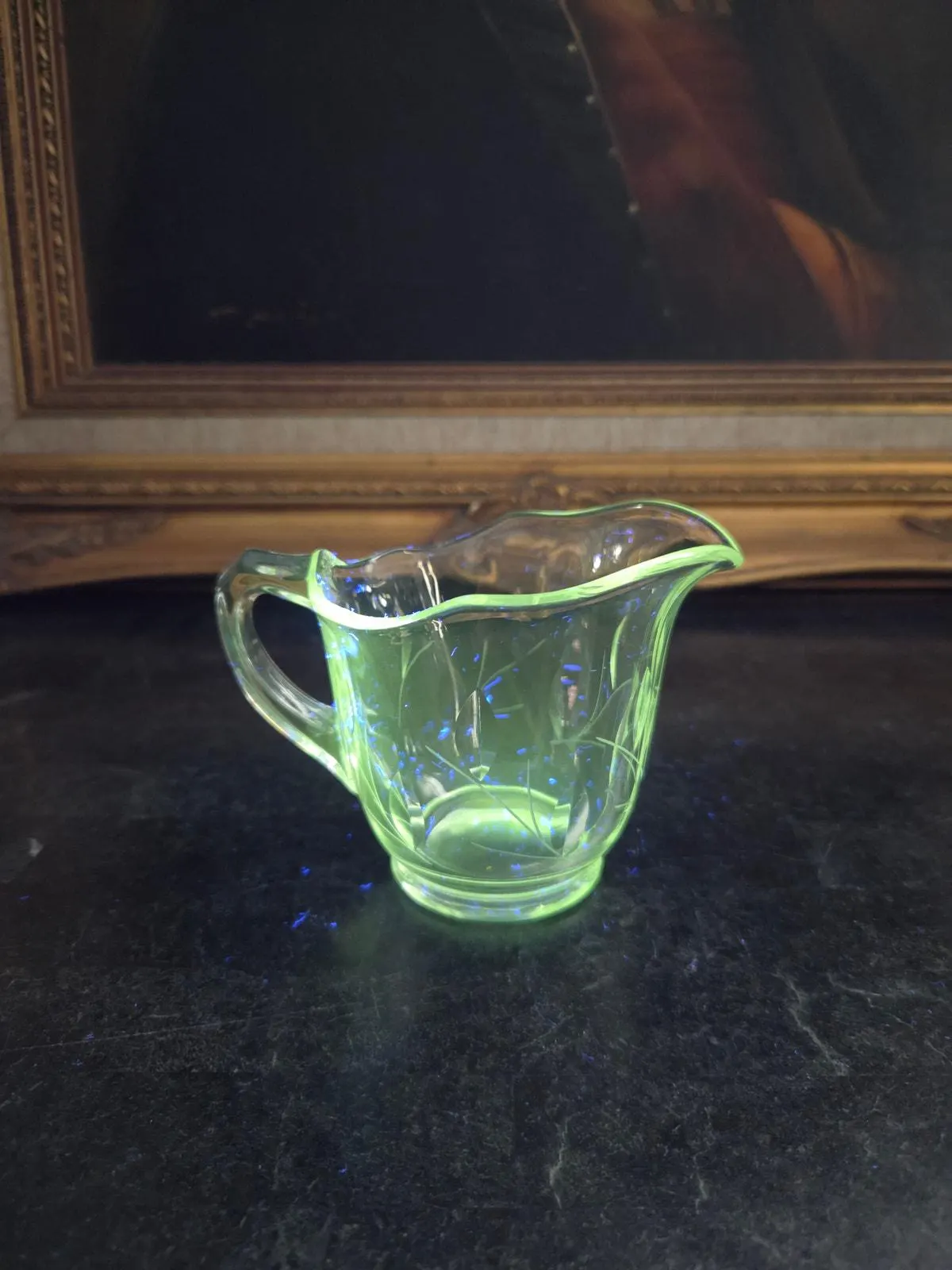 Vintage UV Reactive Pressed Glass Creamer Etched Leaf Scalloped Rim 3.5"