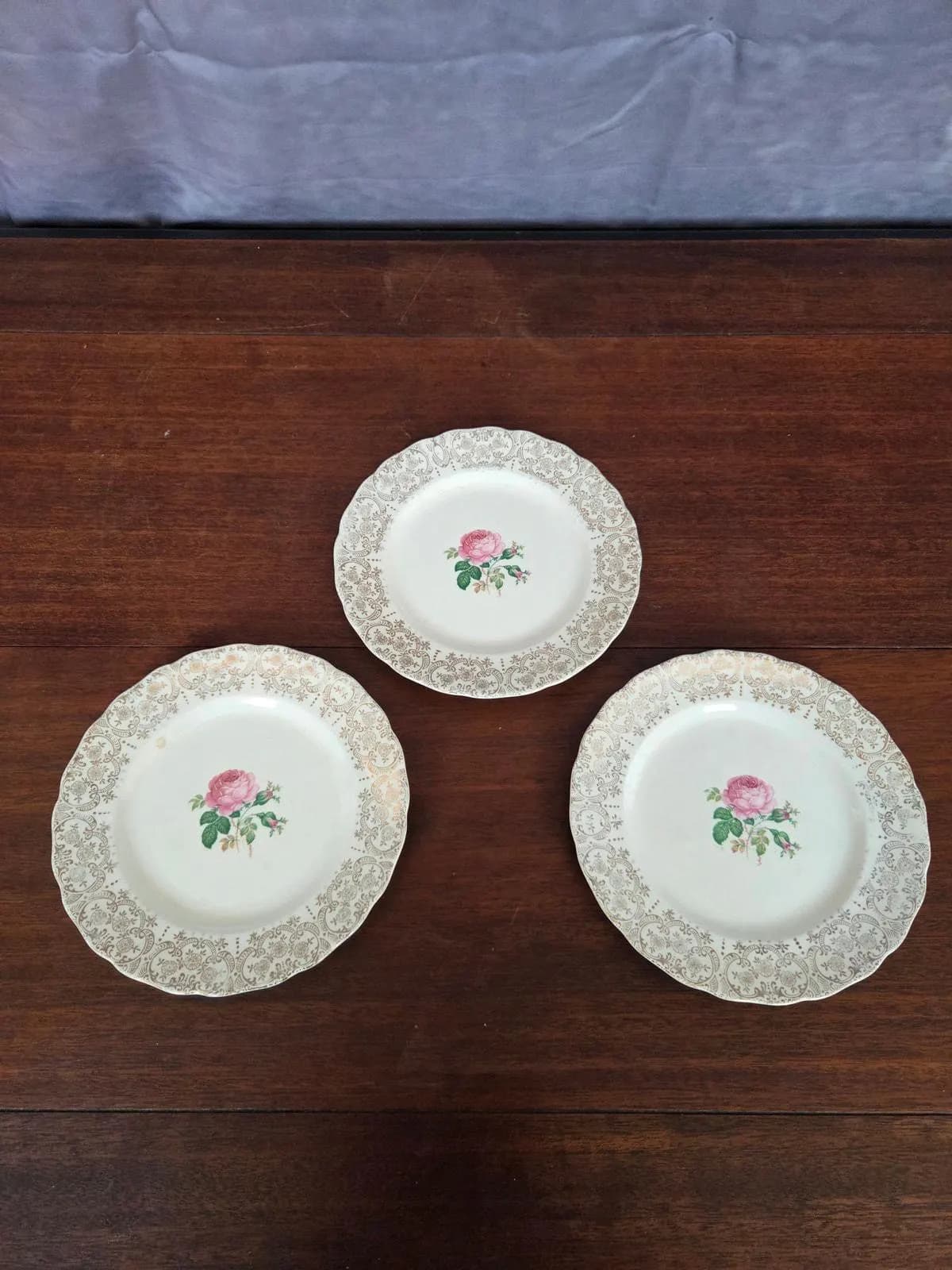 Set of 3 Royal China Dessert Plates | 22K Gold Rose Scrollwork, Edwardian Revival