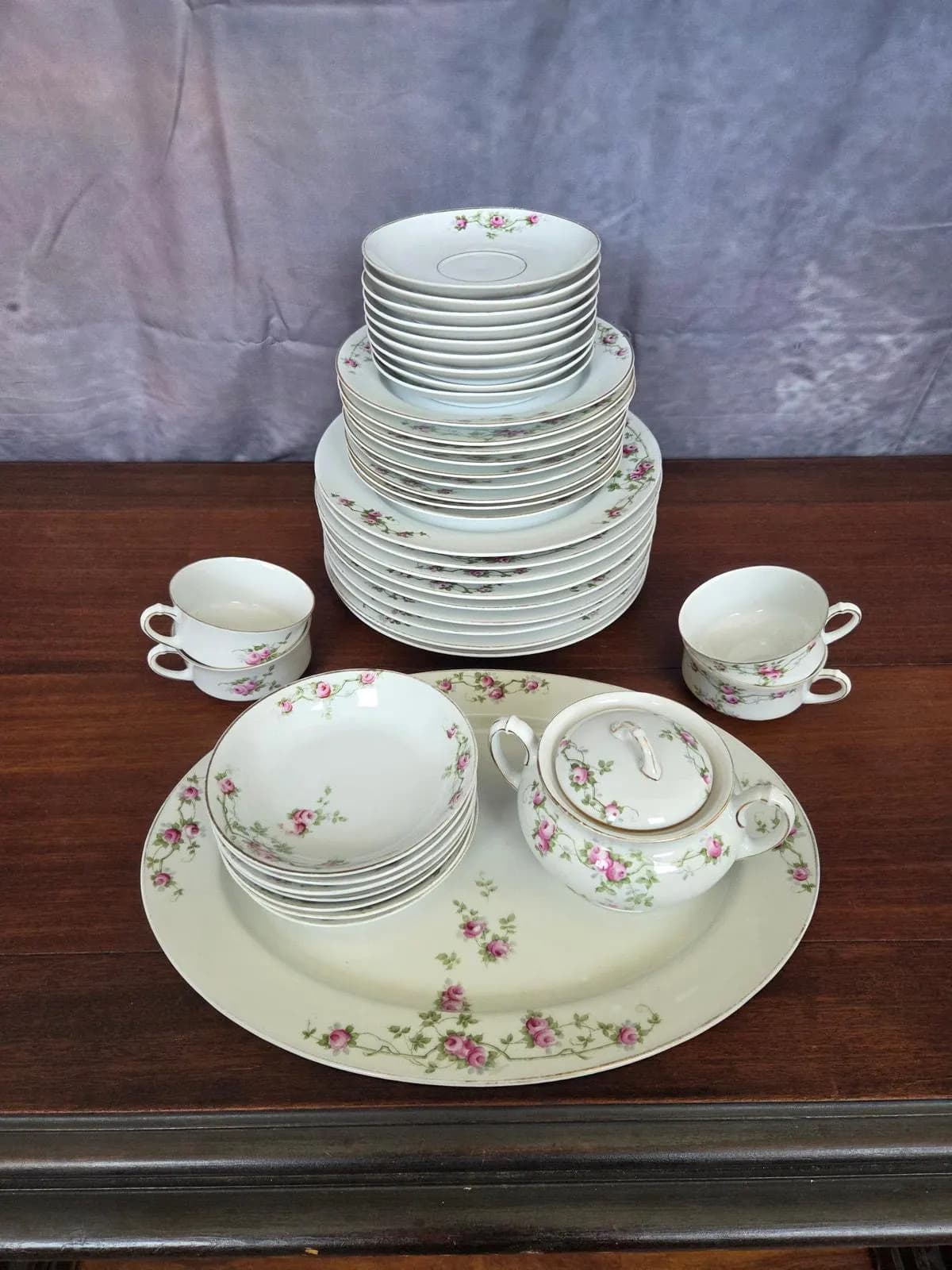 Antique Heinrich & Co Selb Bavaria China Set Pink Rose Garland 40 Pc 1910s - image 3