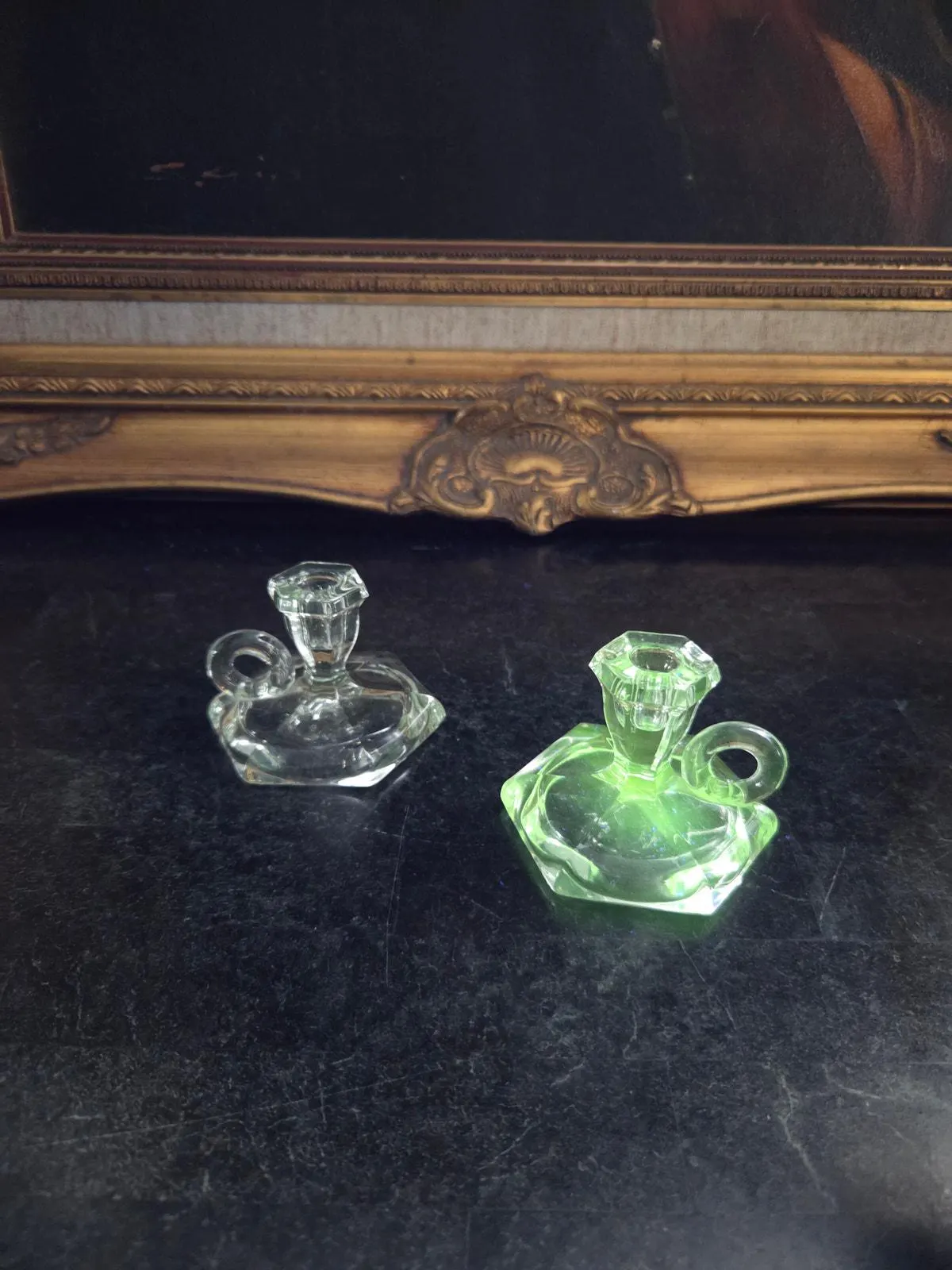 Pair Antique Miniature Pressed Glass Chambersticks c.1900–1930 UV Reactive