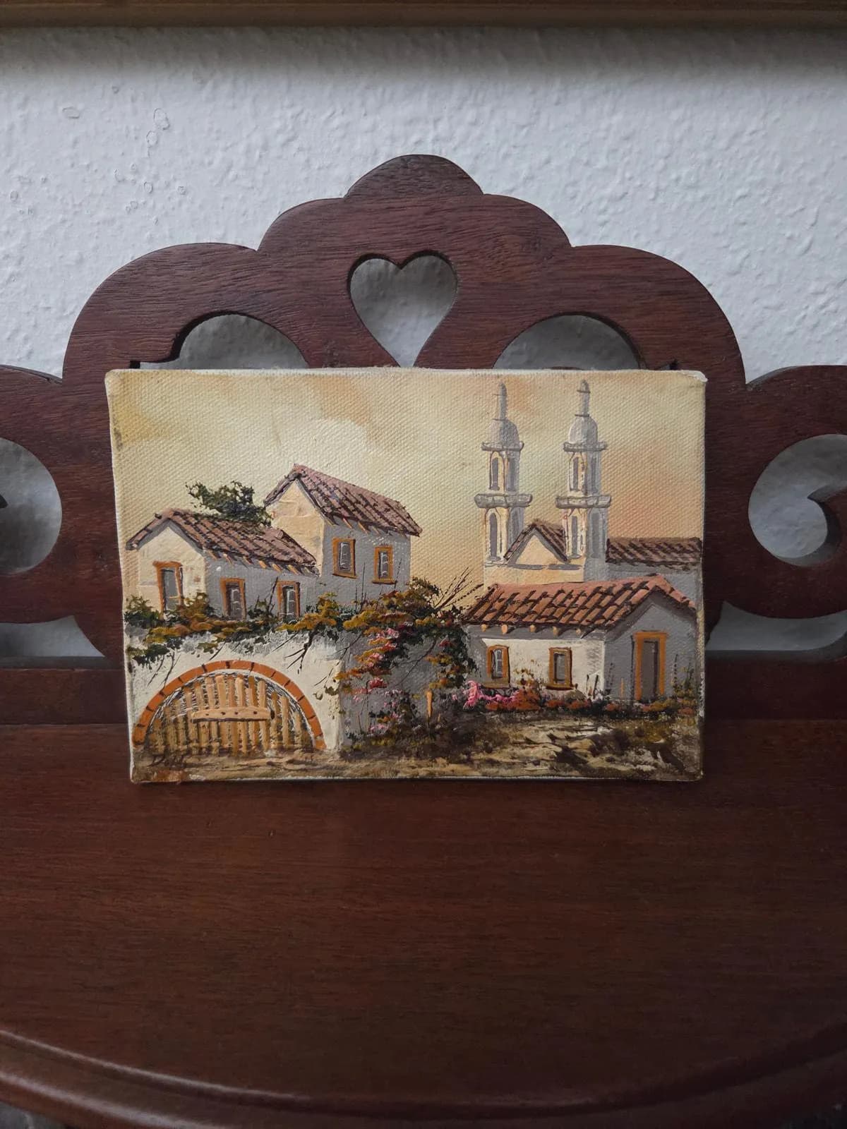 Vintage Mediterranean Village Oil Painting 7x5 Spanish Mission Church Scene