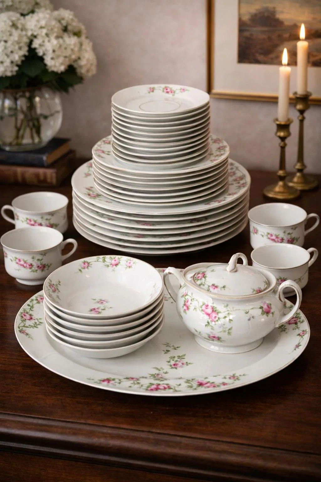 Antique Heinrich & Co Selb Bavaria China Set Pink Rose Garland 40 Pc 1910s