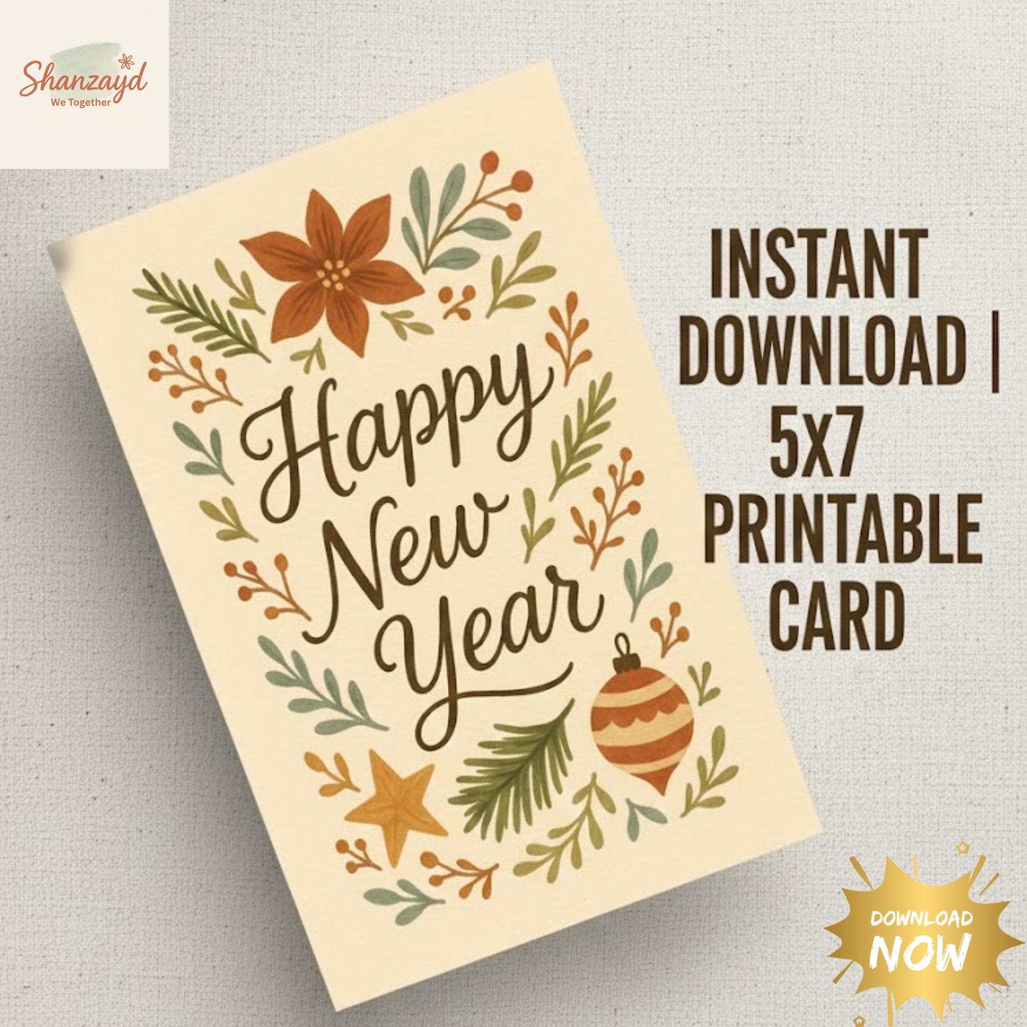 Happy New Year Card •  New Year  Cards • 5x7 Retro Floral Card • Instant Download PDF  • Holiday Card