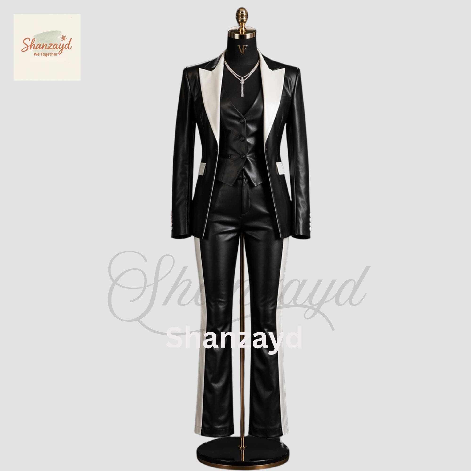 Black Leather Suit Women, Contrast Panel Blazer Set, Slim Fit Leather Pants Suit, Formal Evening Outfit, Chic Office Wear, Three Piece Suit - image 5