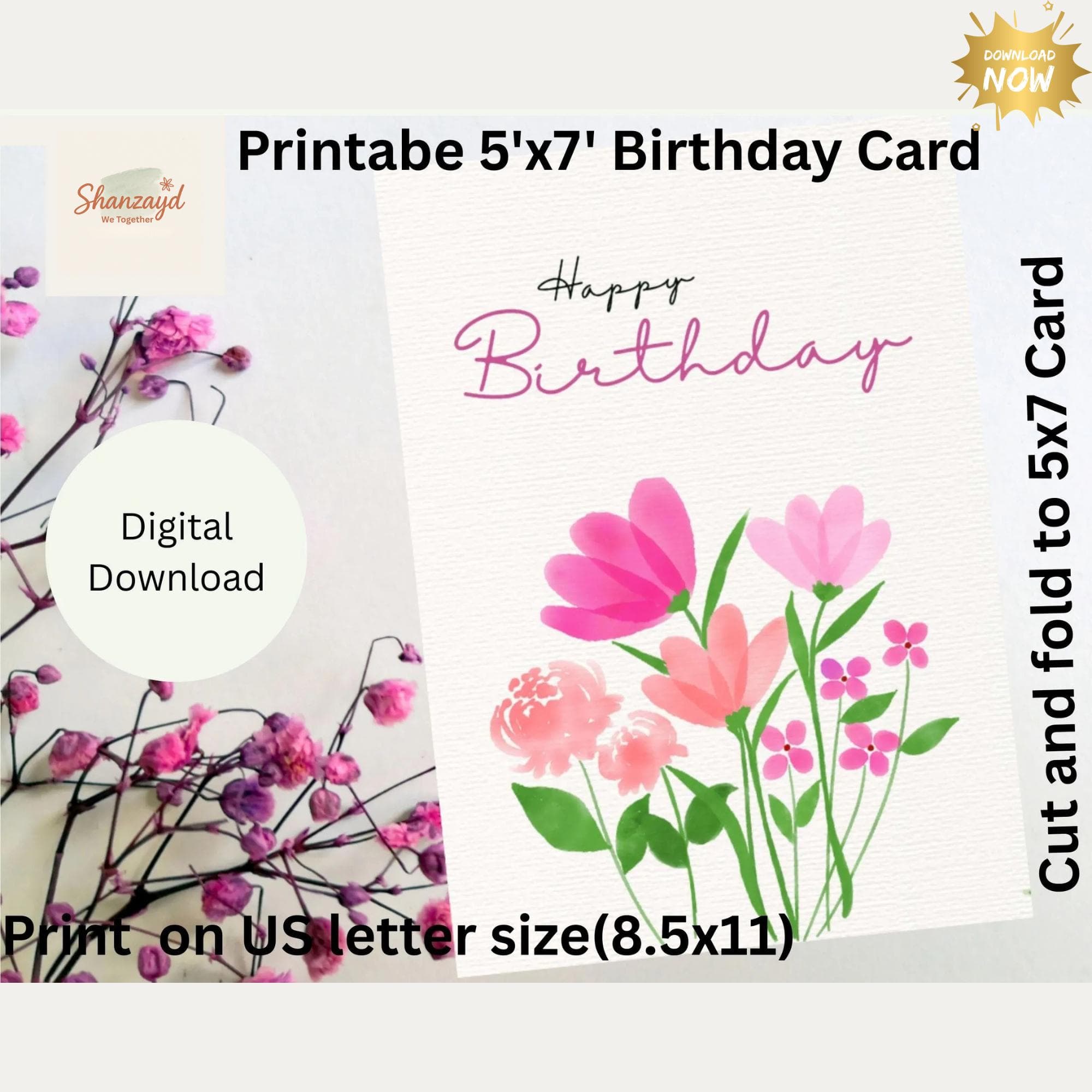 Happy Birthday Card| Floral Birthday Card  | Pink  Birthday Card | Watercolor Birthday Card for Her | 5x7 Card | Digital Download - image 5