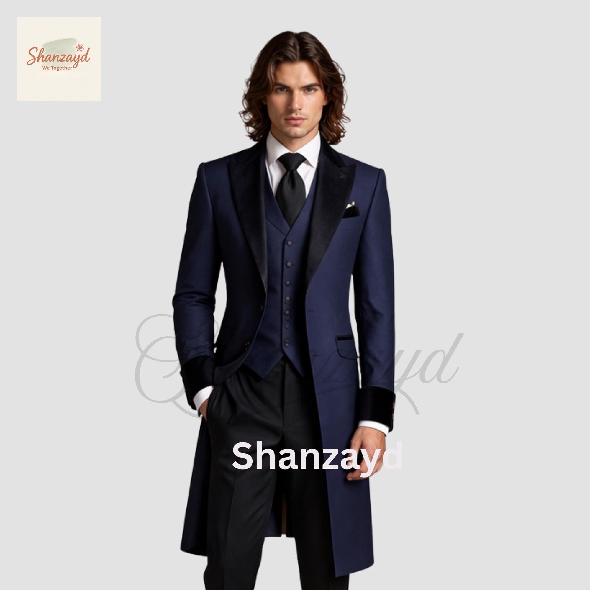 Mens Navy Blue Victorian Suit, Frock Coat 3 Piece Suit, Regency Tailcoat, Wedding Suit, Groom Formal Suit, Velvet Lapel Suit