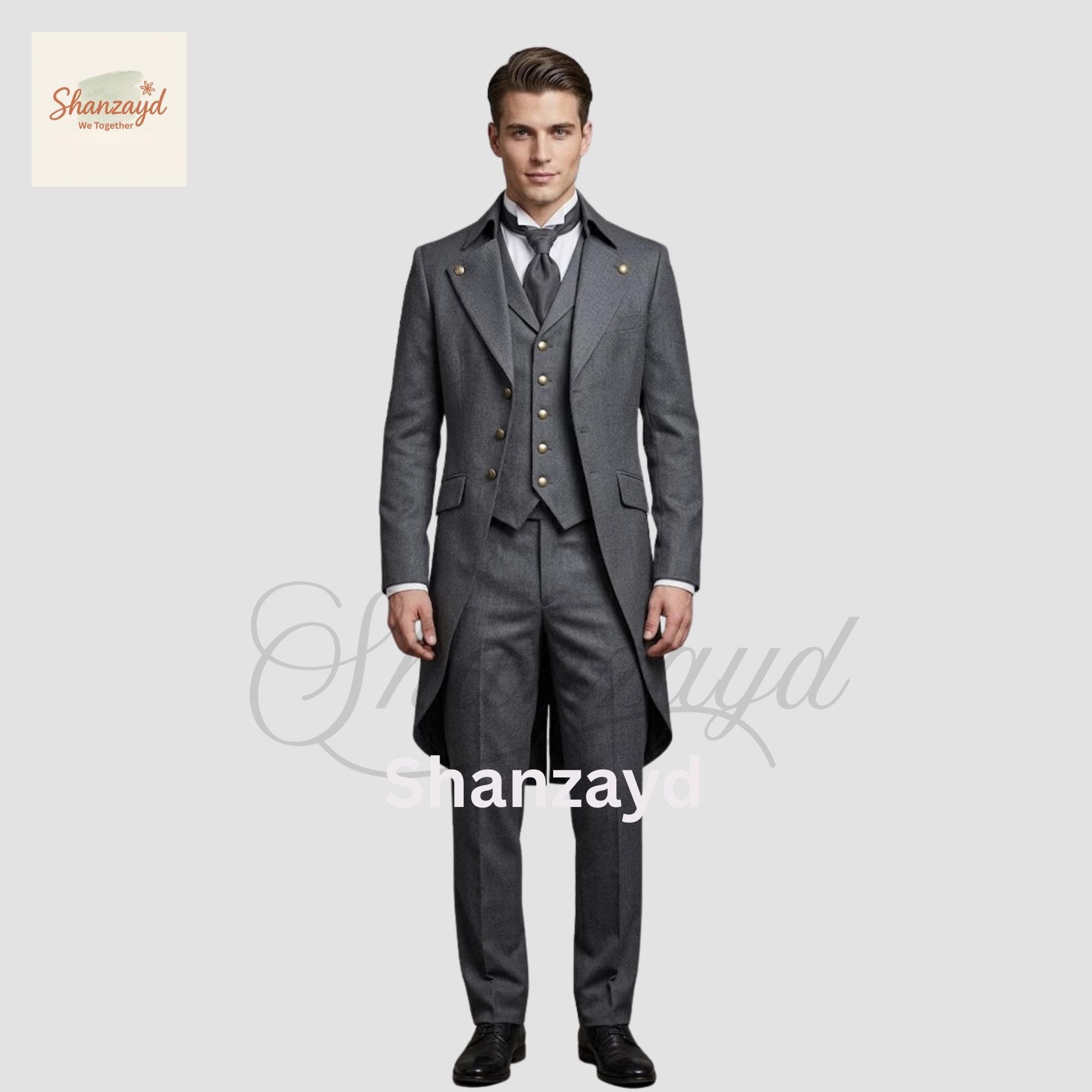 Mens Victorian Grey Frock Coat Suit, 3 Piece Tailcoat, Formal Wedding Suit, Regency Style Long Coat, Vintage Groom Outfit, Custom Made
