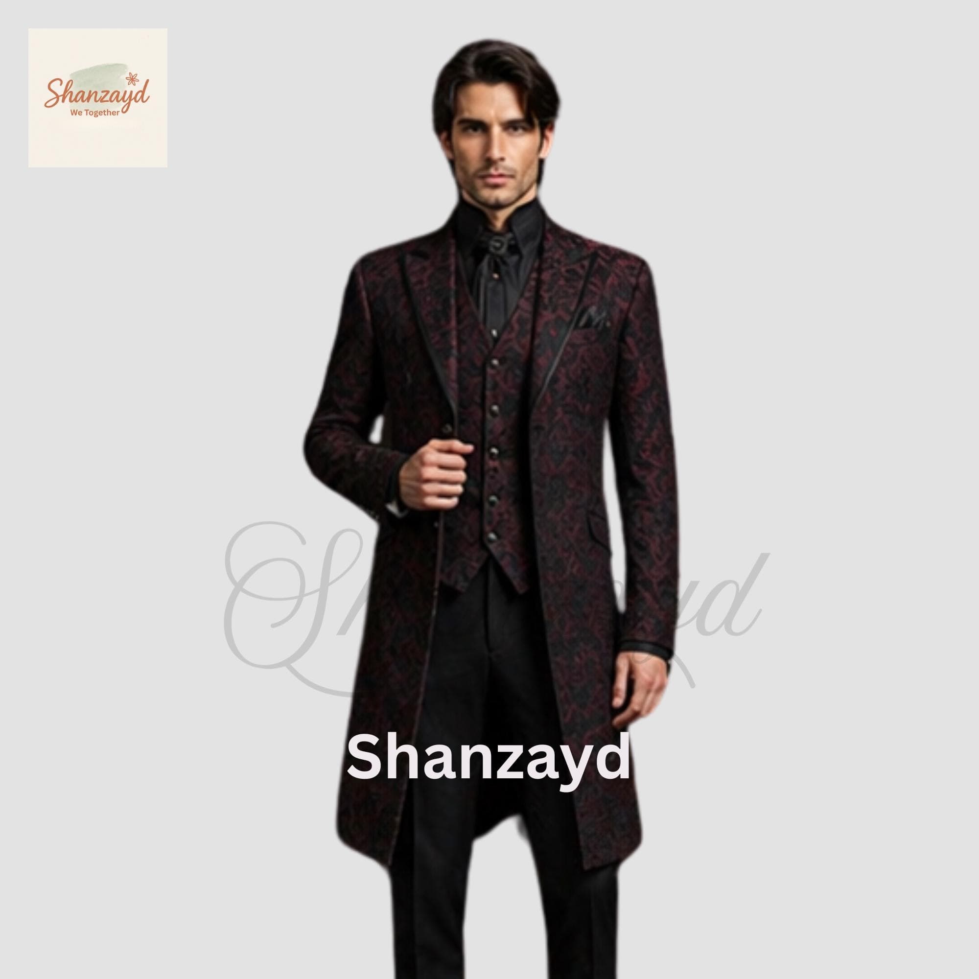 Gothic Victorian Frock Coat Suit Men Burgundy Black Brocade Long Coat Tailcoat Wedding Suit Formal Regency Outfit Mens Steampunk Coat Set