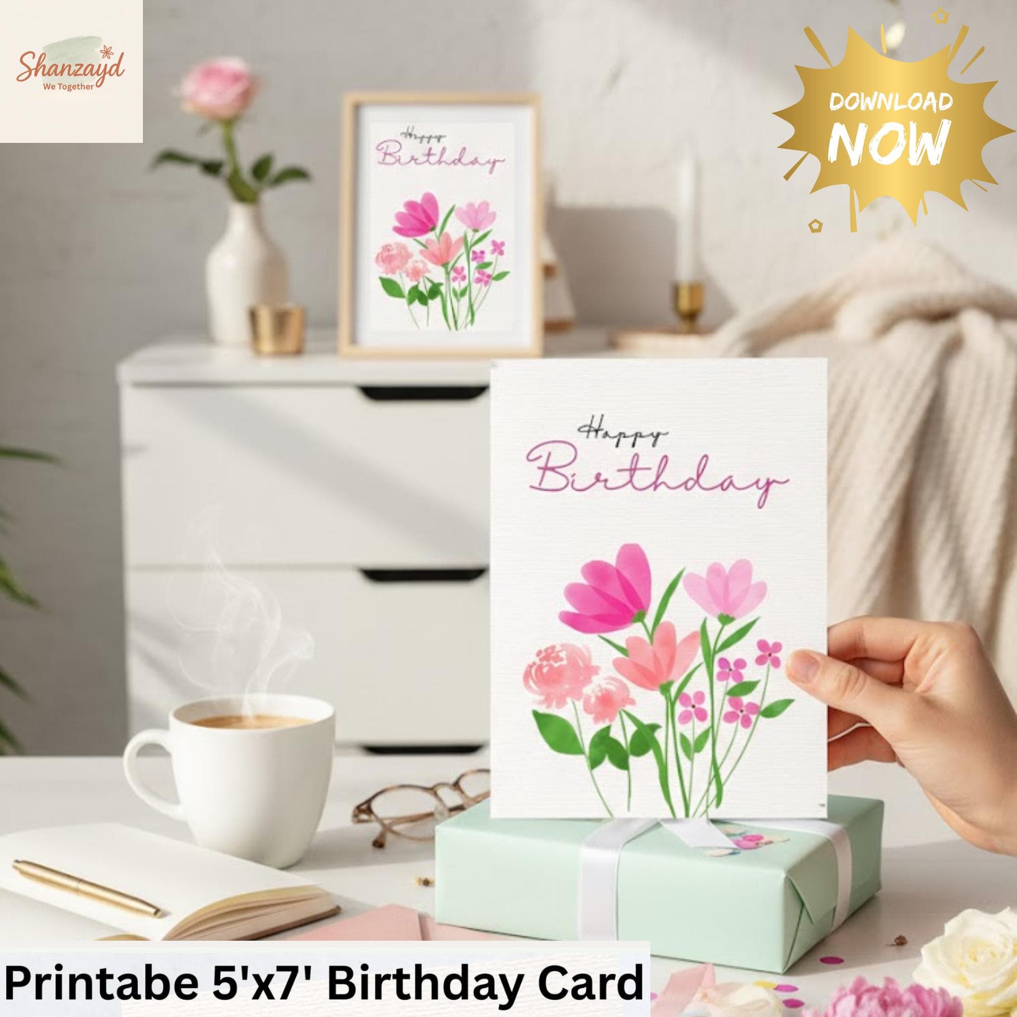 Happy Birthday Card| Floral Birthday Card  | Pink  Birthday Card | Watercolor Birthday Card for Her | 5x7 Card | Digital Download
