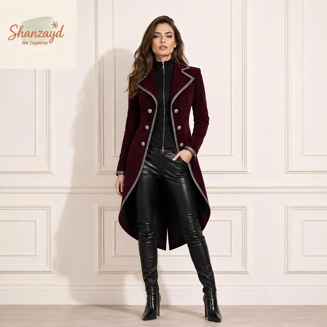 Womens Gothic Victorian Tailcoat Jacket, Burgundy Velvet Steampunk Coat, Military Style Frock Coat, Gothic Winter Long Coat